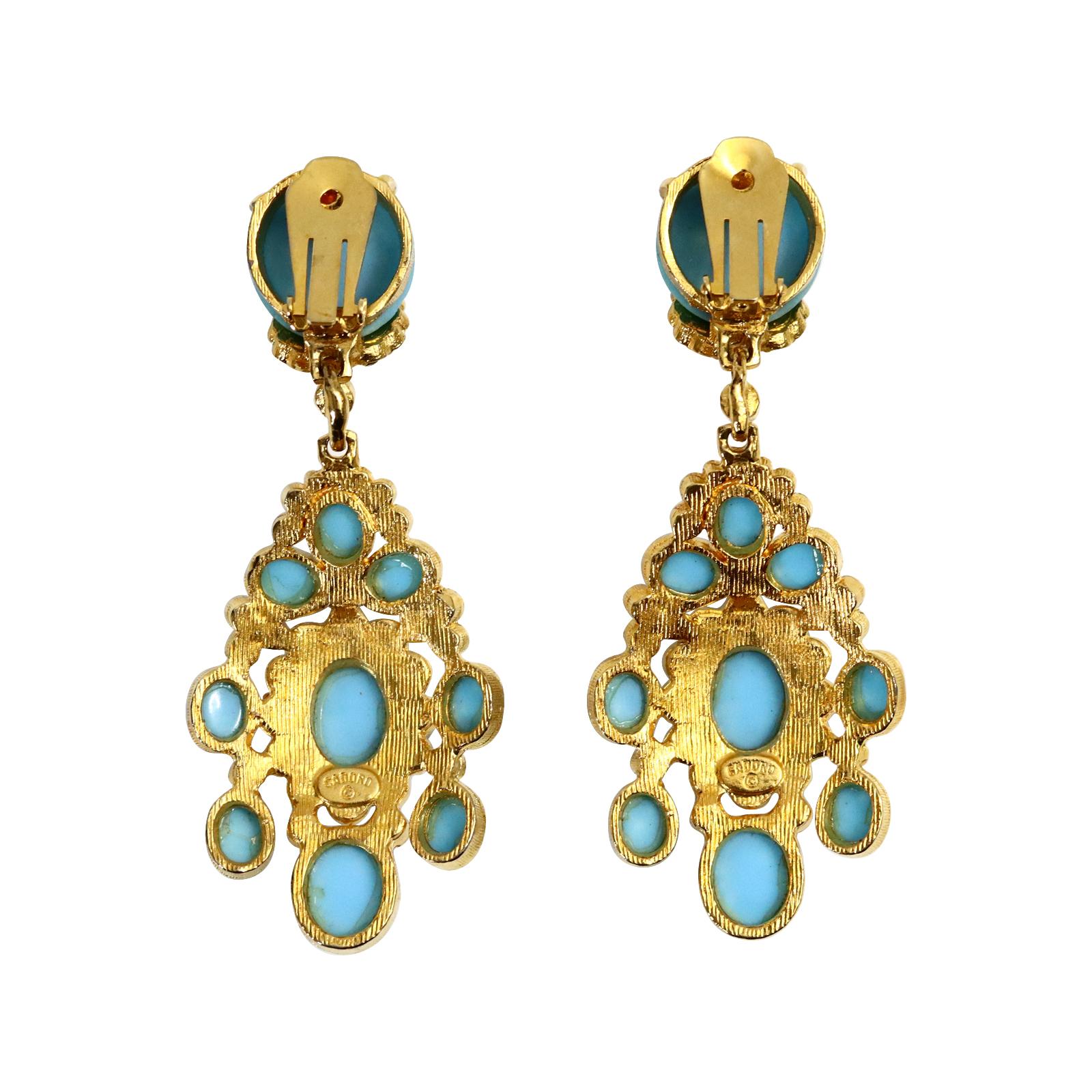Vintage Cadoro Gold with Faux Turquoise Dangling Earrings Circa 1980s For Sale 3