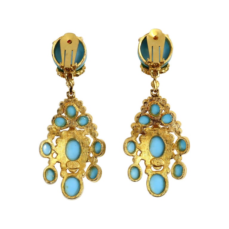 Vintage Cadoro Gold with Faux Turquoise Dangling Earrings, Circa 1980s For Sale 3