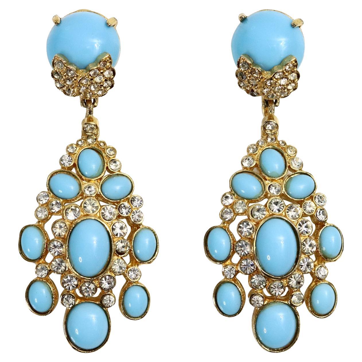 Vintage Cadoro Gold with Faux Turquoise Dangling Earrings Circa 1980s For Sale