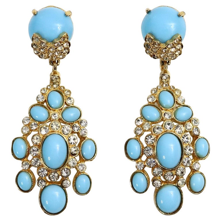 Vintage Cadoro Gold with Faux Turquoise Dangling Earrings, Circa 1980s For Sale