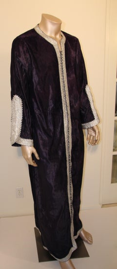 Vintage Caftan, Royal Blue Silk Velvet with Silver Trim, 1960s