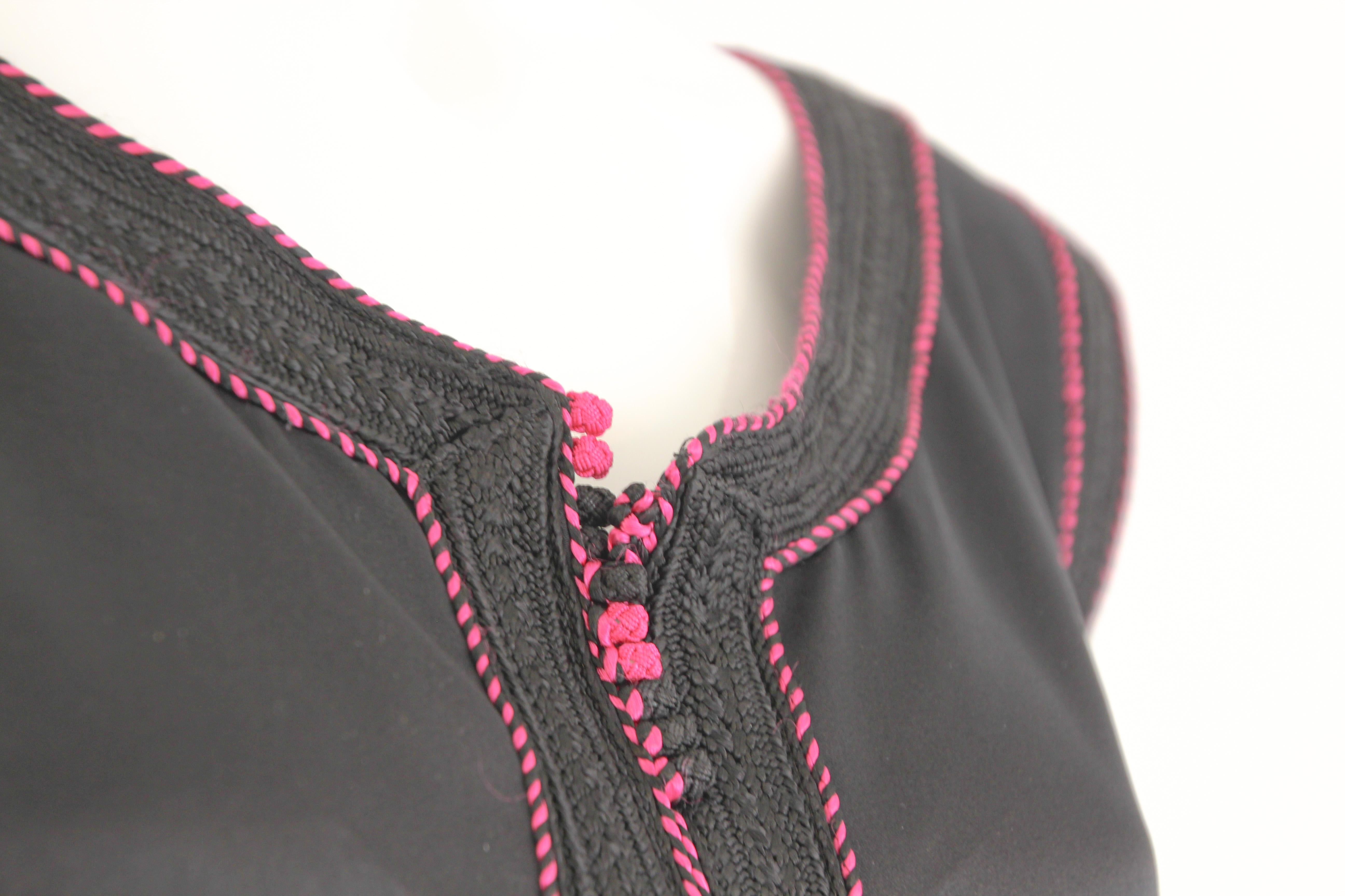 Women's Vintage Caftan Sleeveless Black with Pink Embroidered, ca. 1980s For Sale