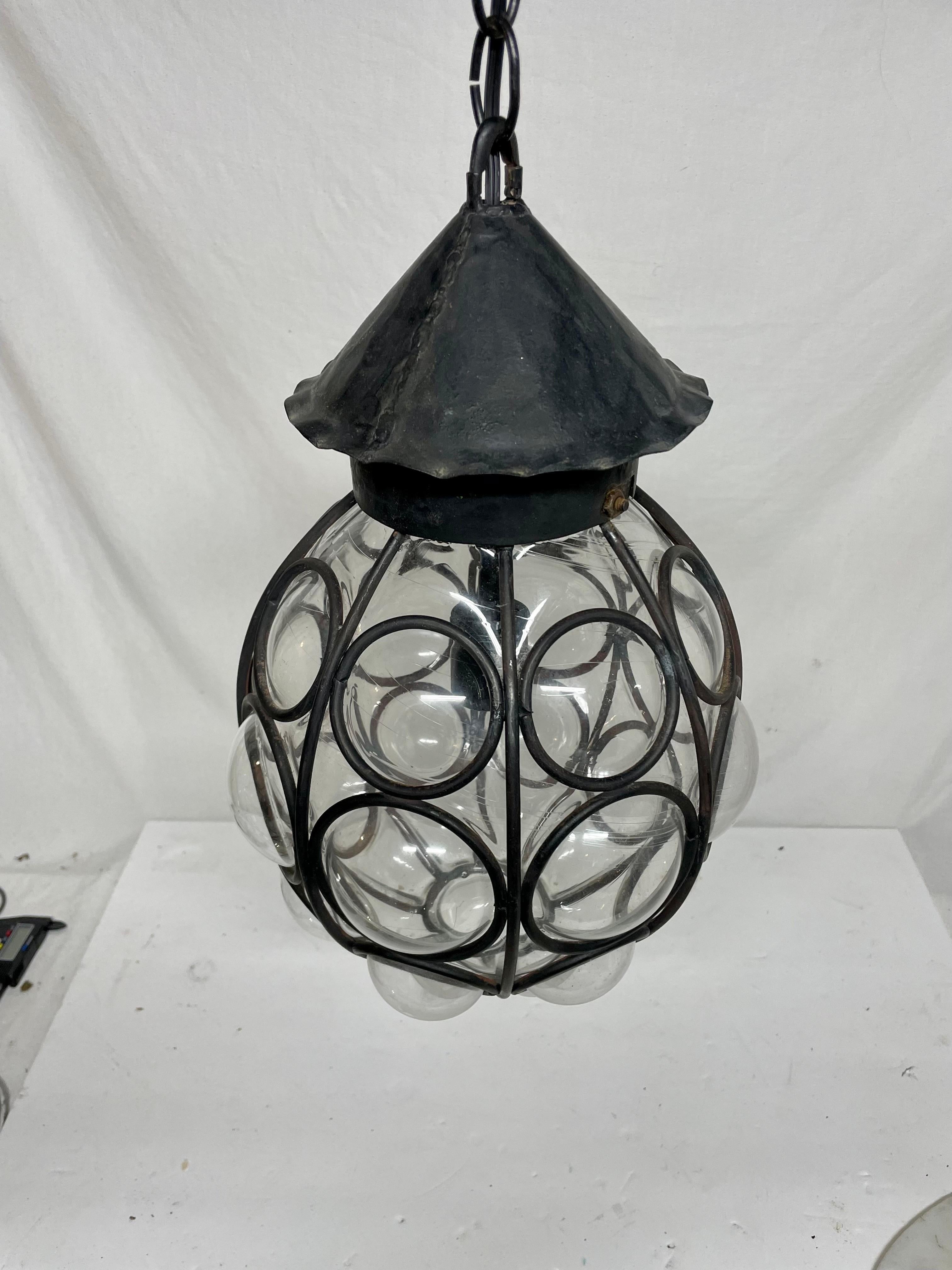 Organic Modern Vintage Caged Bubble Glass Lantern Chandelier