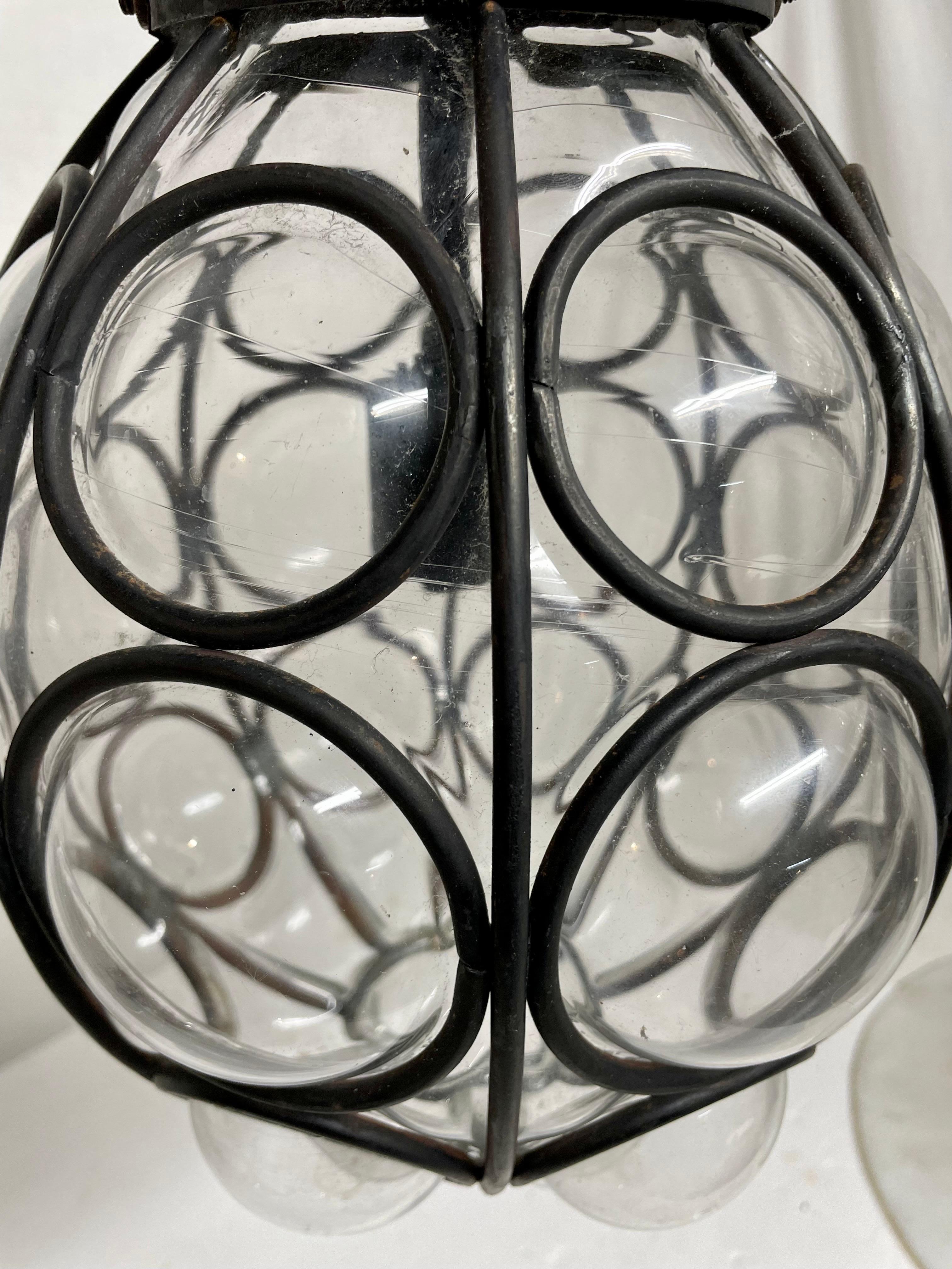 Italian Vintage Caged Bubble Glass Lantern Chandelier