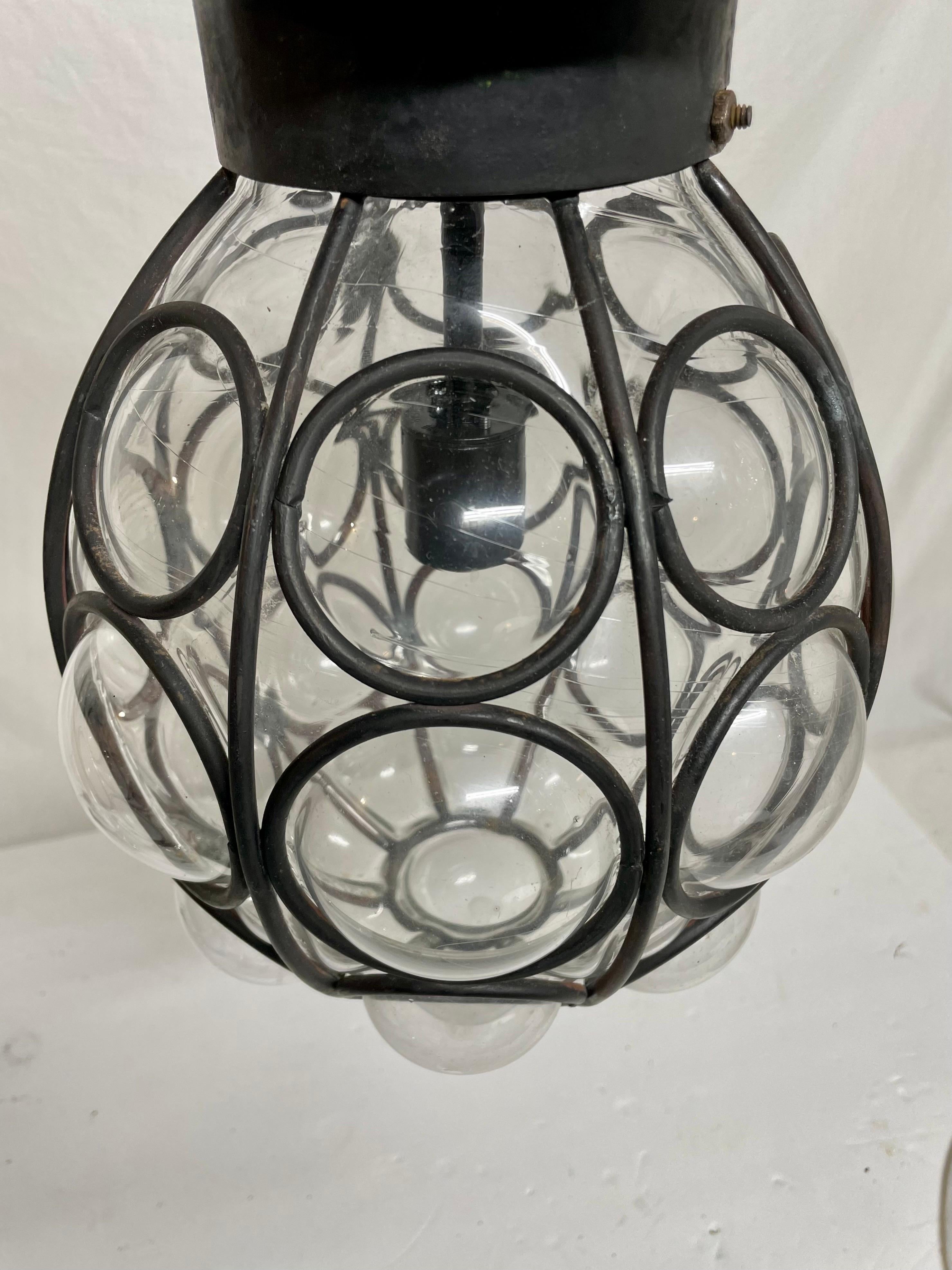 Vintage Caged Bubble Glass Lantern Chandelier In Good Condition In New York, NY