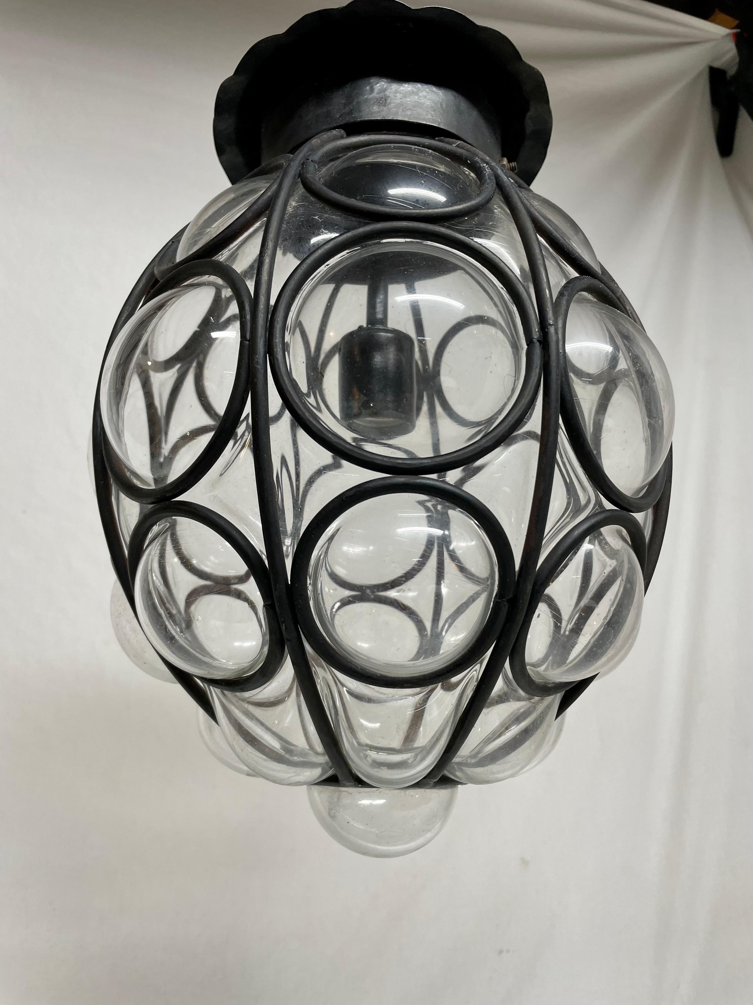 20th Century Vintage Caged Bubble Glass Lantern Chandelier