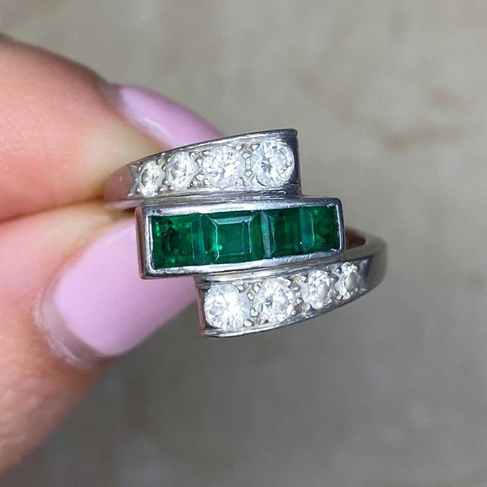 Vintage Calibre Cut Emerald And Transitional Cut Diamond Band Ring, Platinum For Sale 4