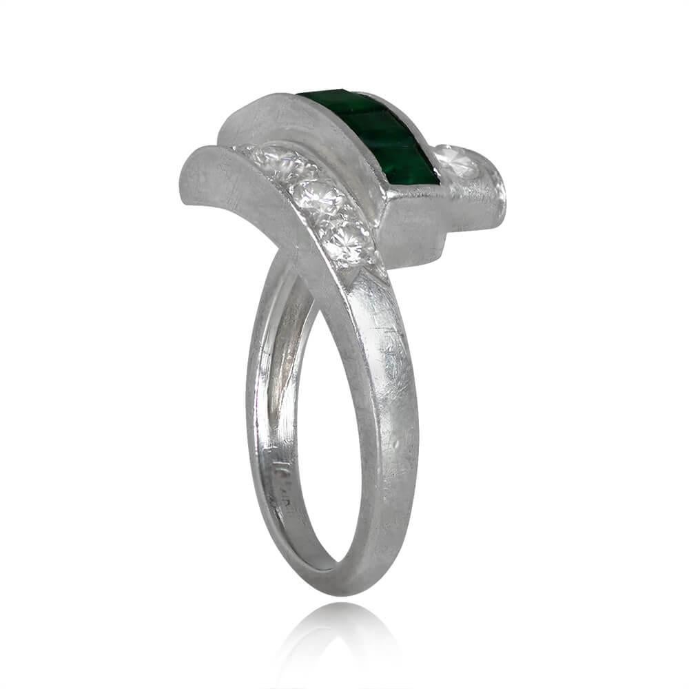 Old European Cut Vintage Calibre Cut Emerald And Transitional Cut Diamond Band Ring, Platinum For Sale