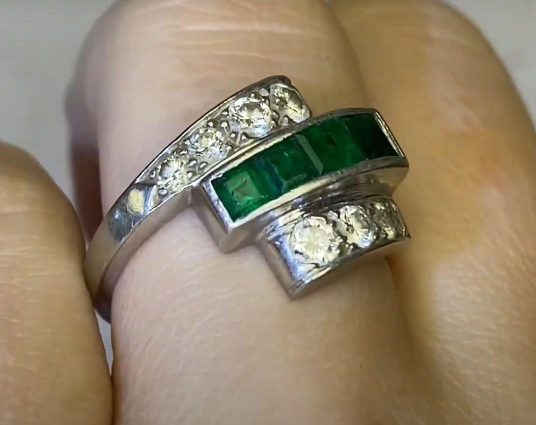 Women's Vintage Calibre Cut Emerald And Transitional Cut Diamond Band Ring, Platinum For Sale