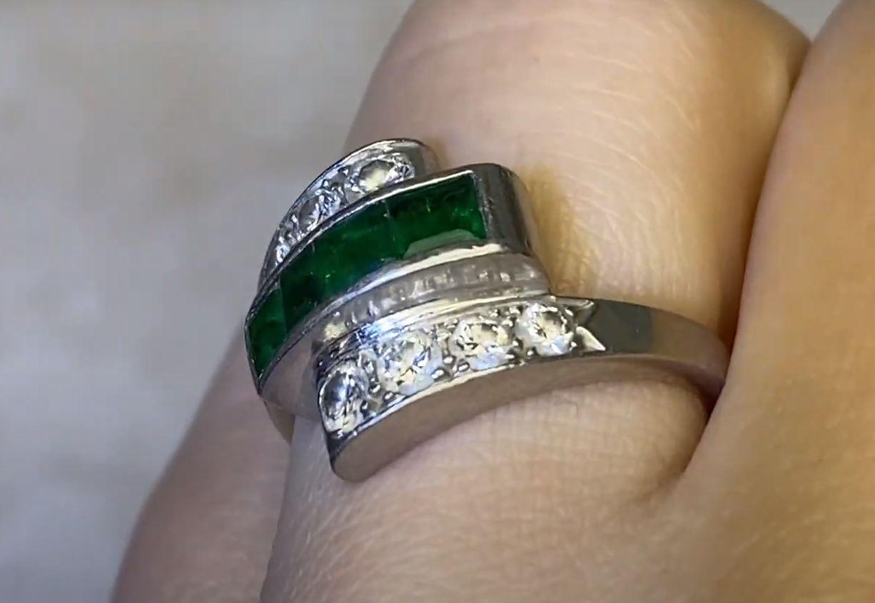 Vintage Calibre Cut Emerald And Transitional Cut Diamond Band Ring, Platinum For Sale 1