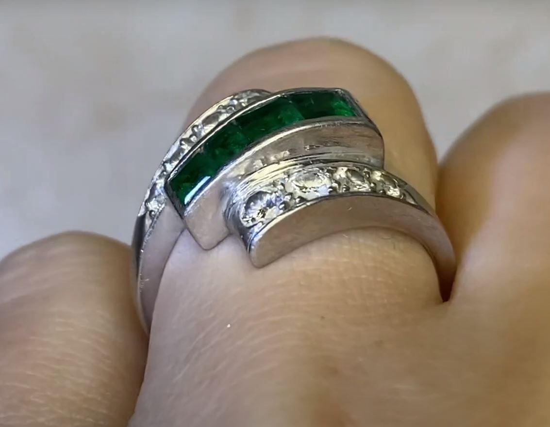 Vintage Calibre Cut Emerald And Transitional Cut Diamond Band Ring, Platinum For Sale 2