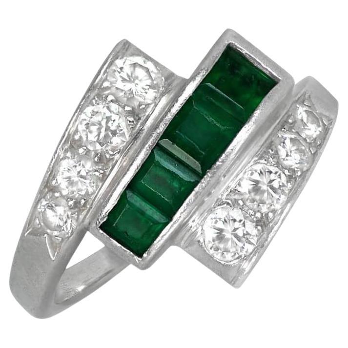 Vintage Calibre Cut Emerald And Transitional Cut Diamond Band Ring, Platinum For Sale