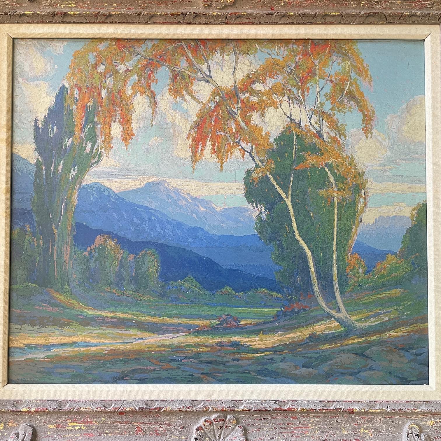 Late 20th Century Vintage California Pastoral Landscape Silkscreen in Bright Blue Pastels For Sale