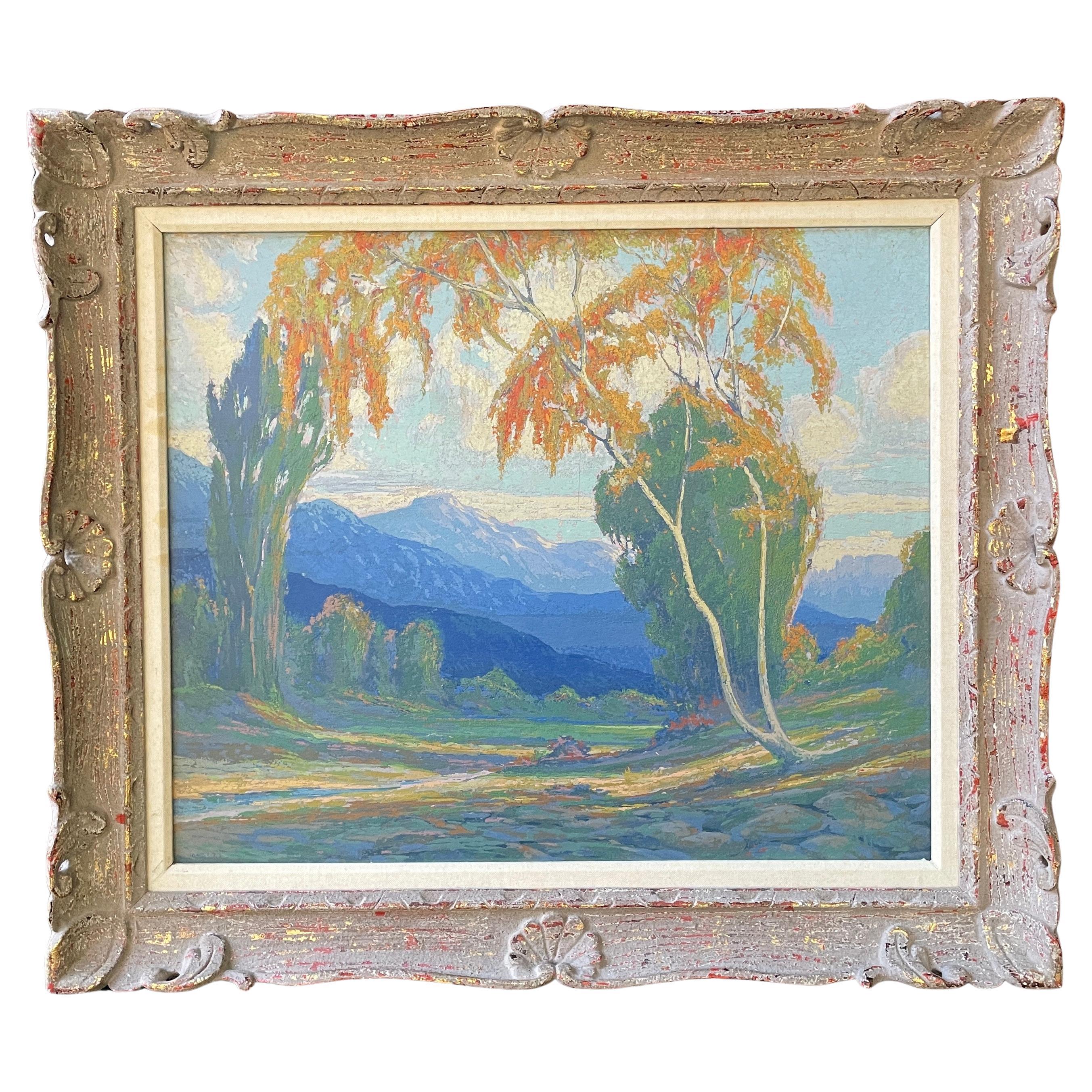 Vintage California Pastoral Landscape Silkscreen in Bright Blue Pastels For Sale