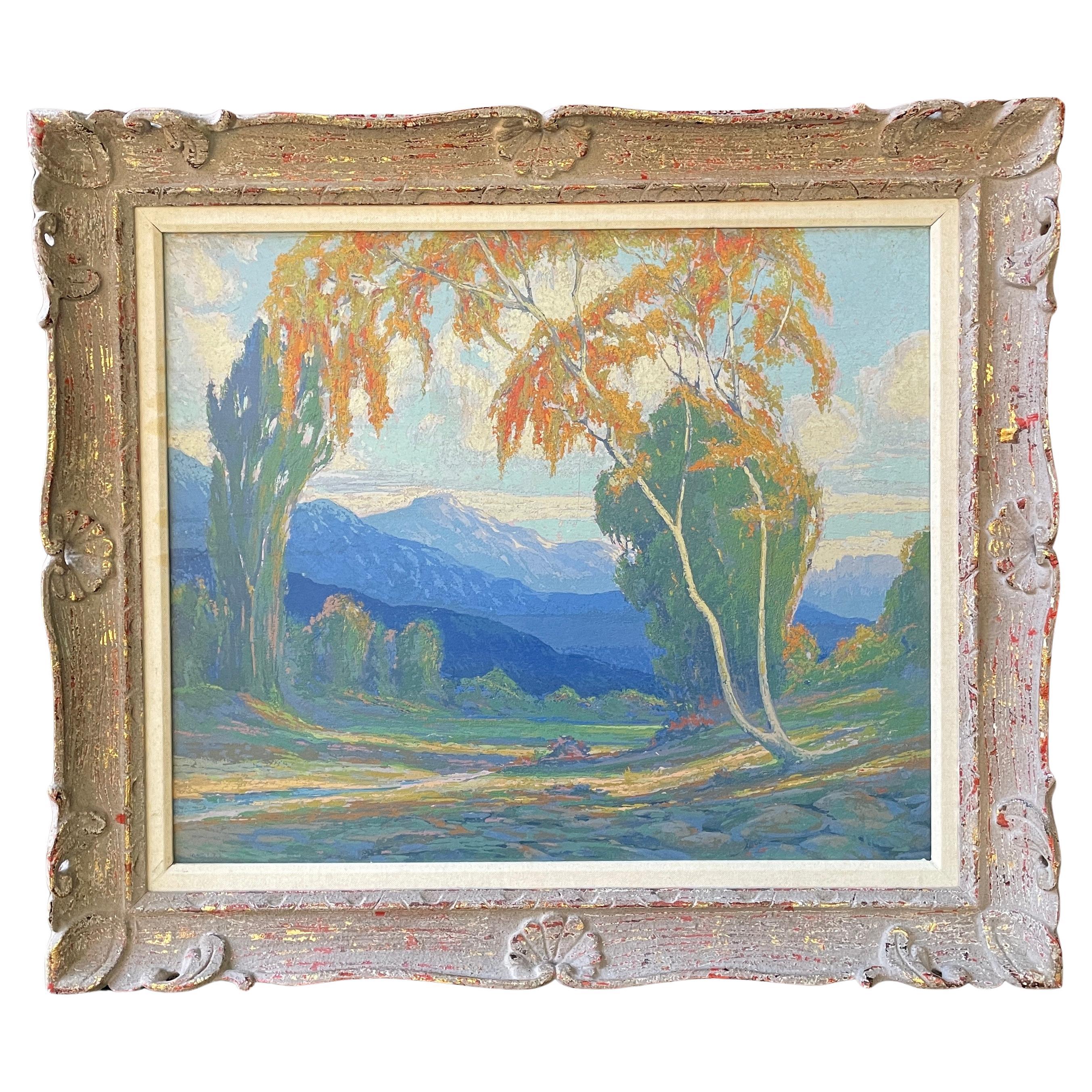 Serigrafía vintage de paisaje pastoral californiano en tonos pastel azules brillantes en venta