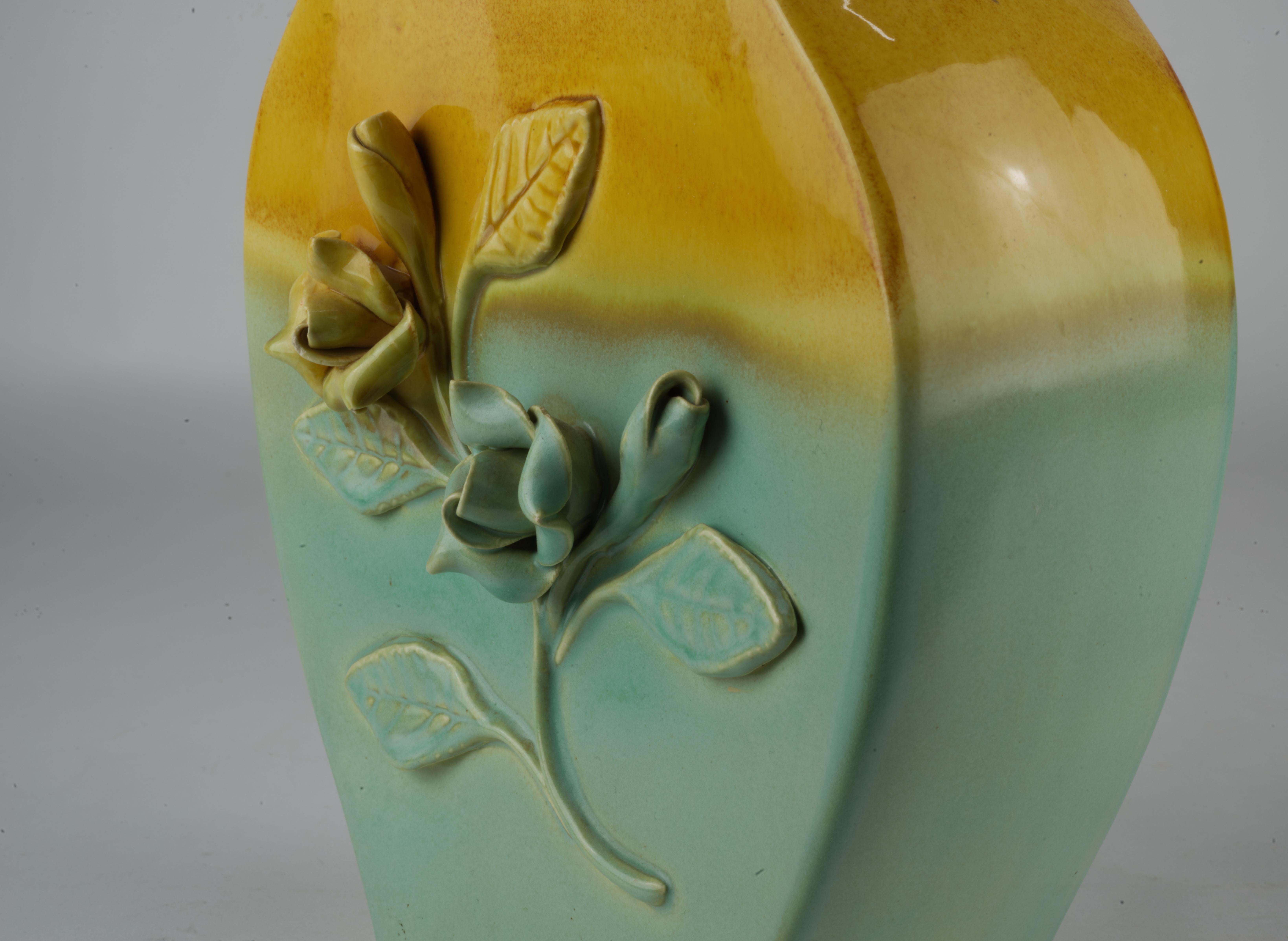 Vintage California Pottery Two Tone Vase with Flower Detail For Sale 2