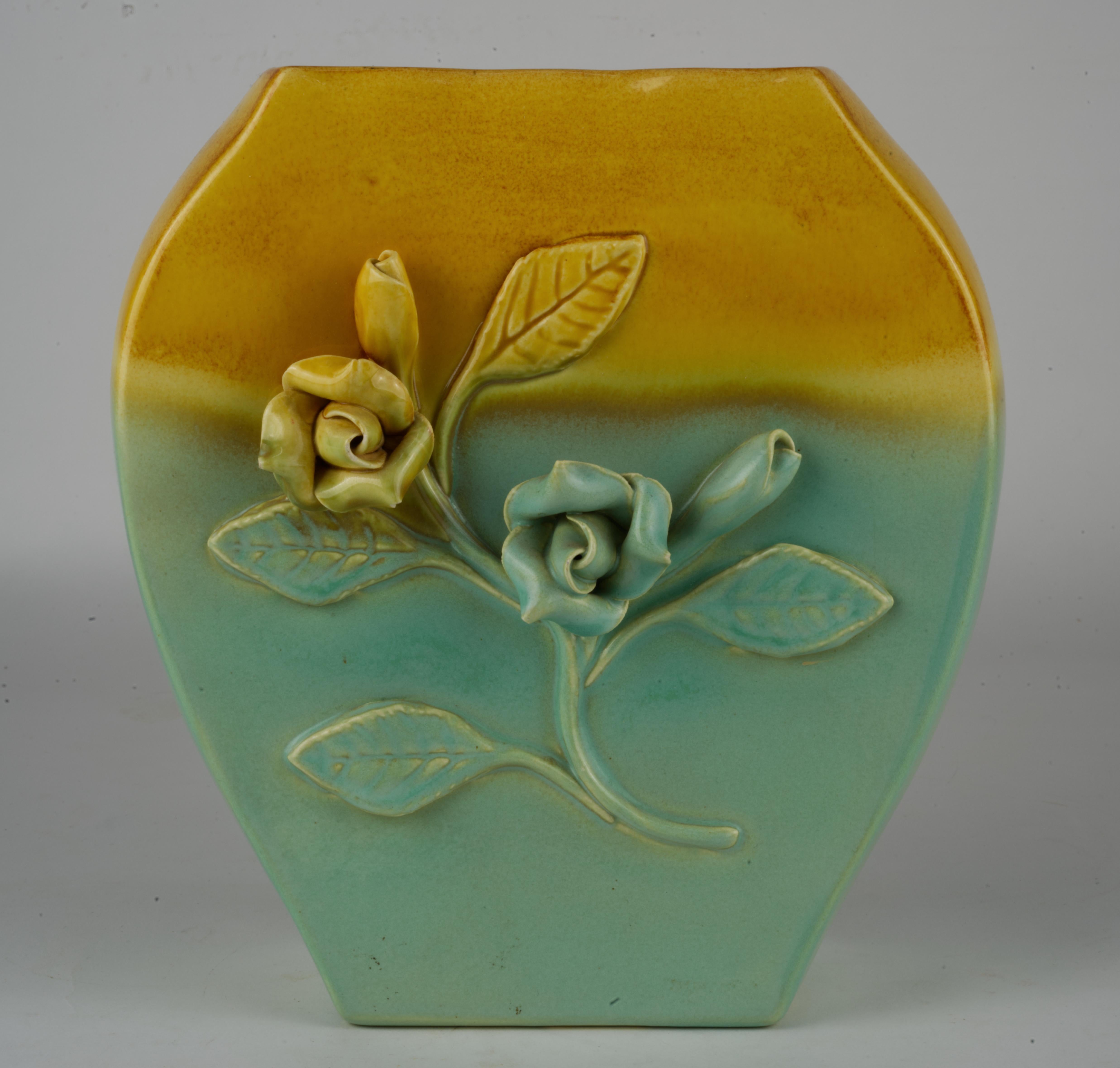 Mid-Century Modern Vintage California Pottery Two Tone Vase with Flower Detail For Sale
