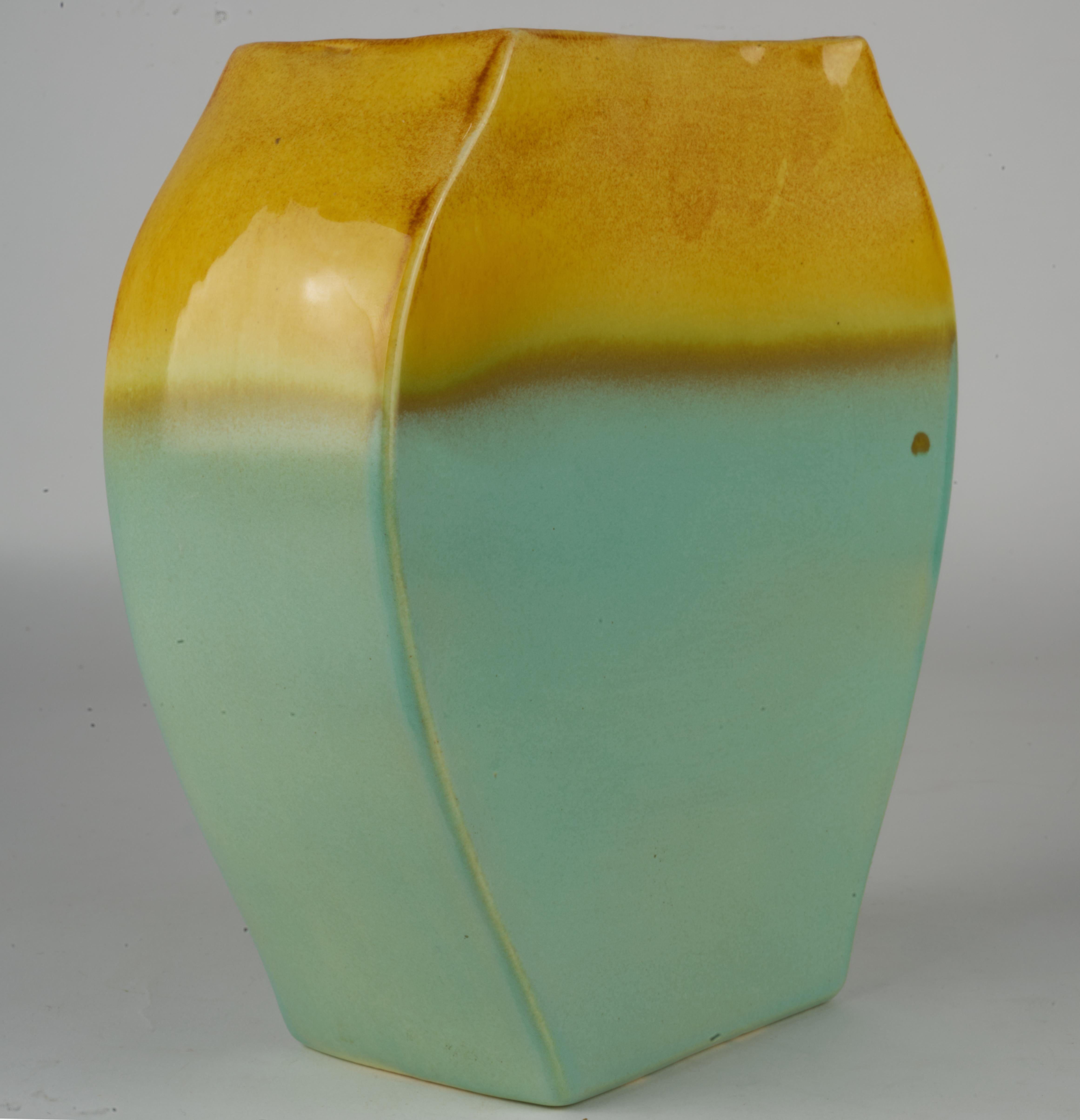 Glazed Vintage California Pottery Two Tone Vase with Flower Detail For Sale