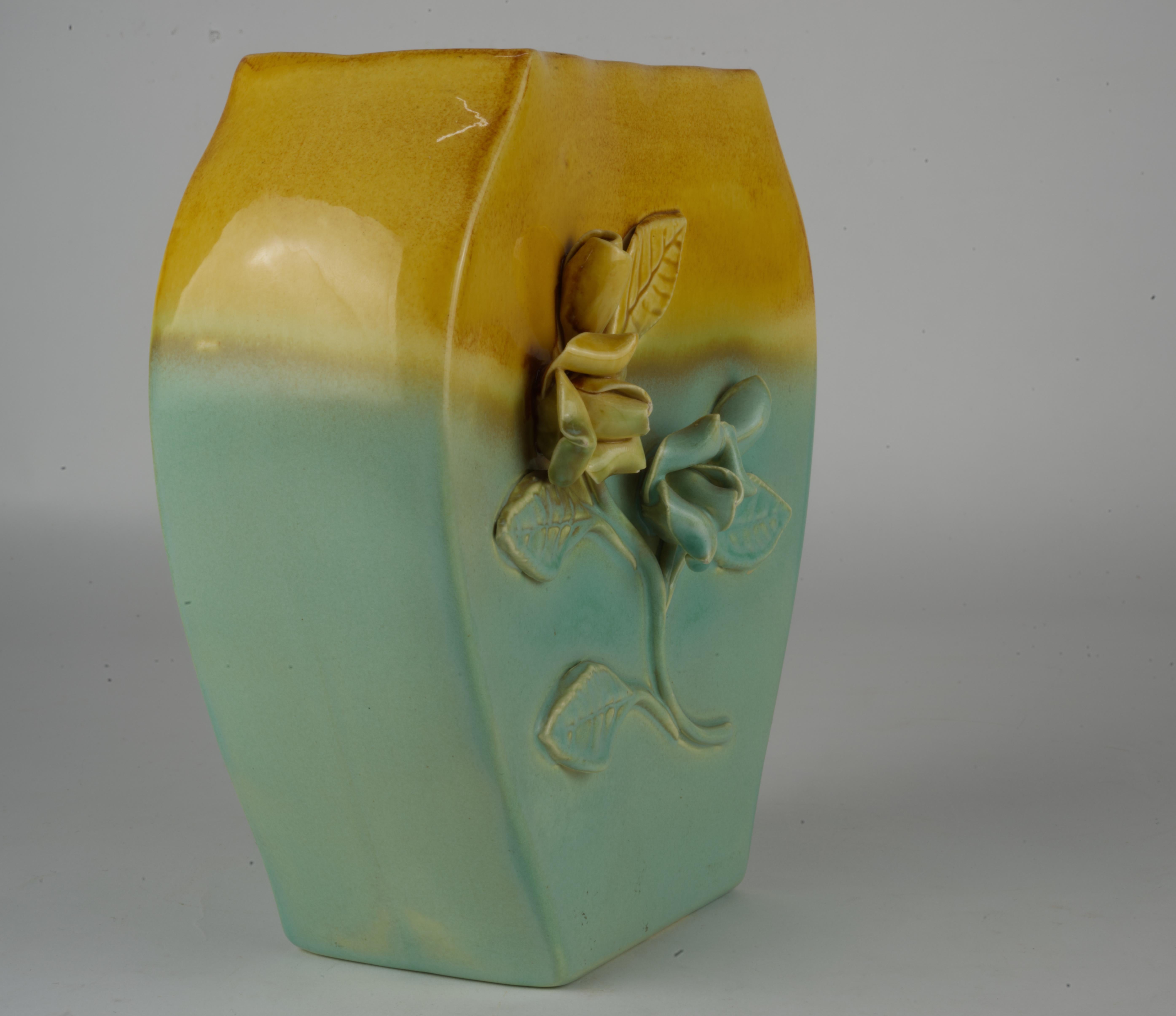 Ceramic Vintage California Pottery Two Tone Vase with Flower Detail For Sale