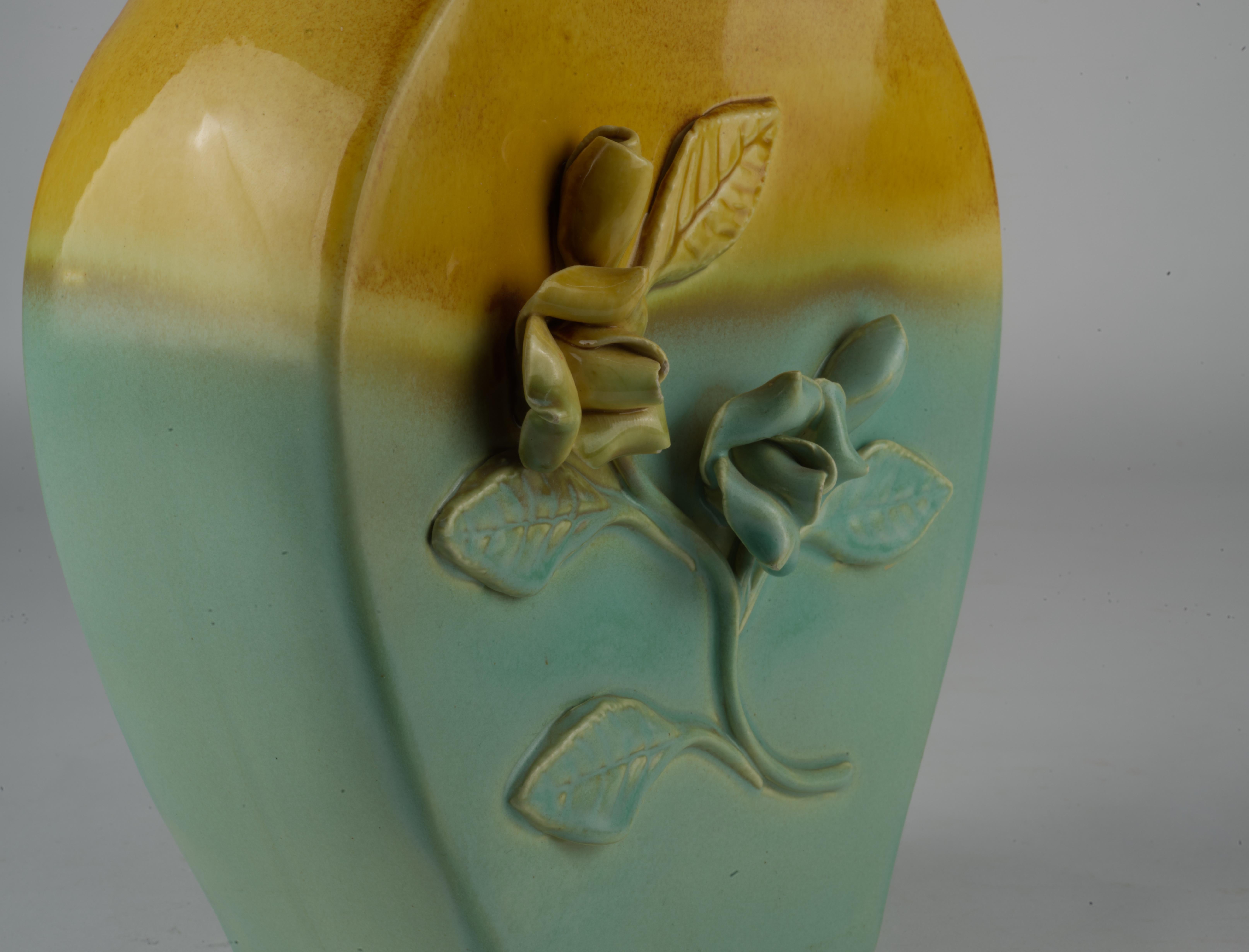 Vintage California Pottery Two Tone Vase with Flower Detail For Sale 1