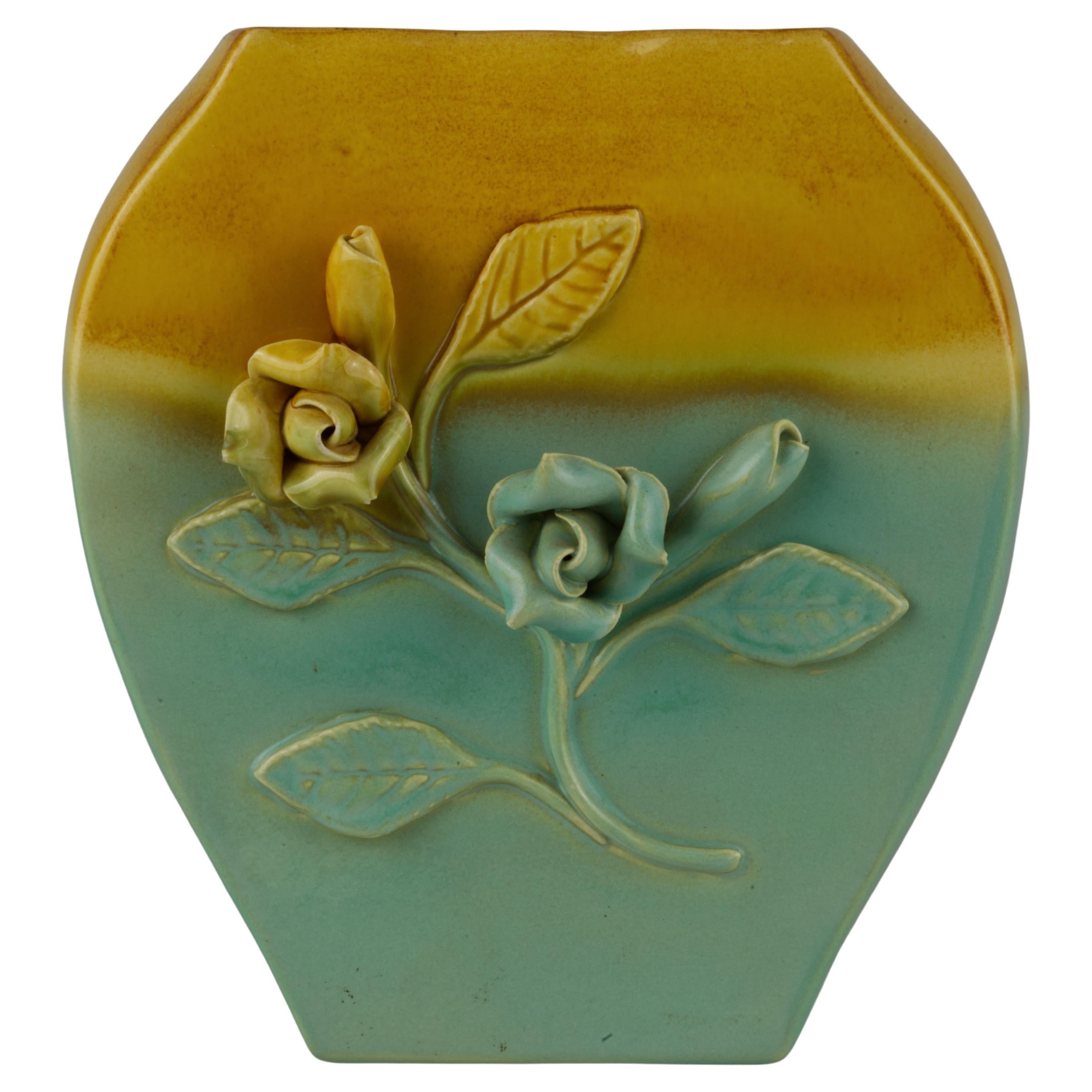 Vintage California Pottery Two Tone Vase with Flower Detail For Sale