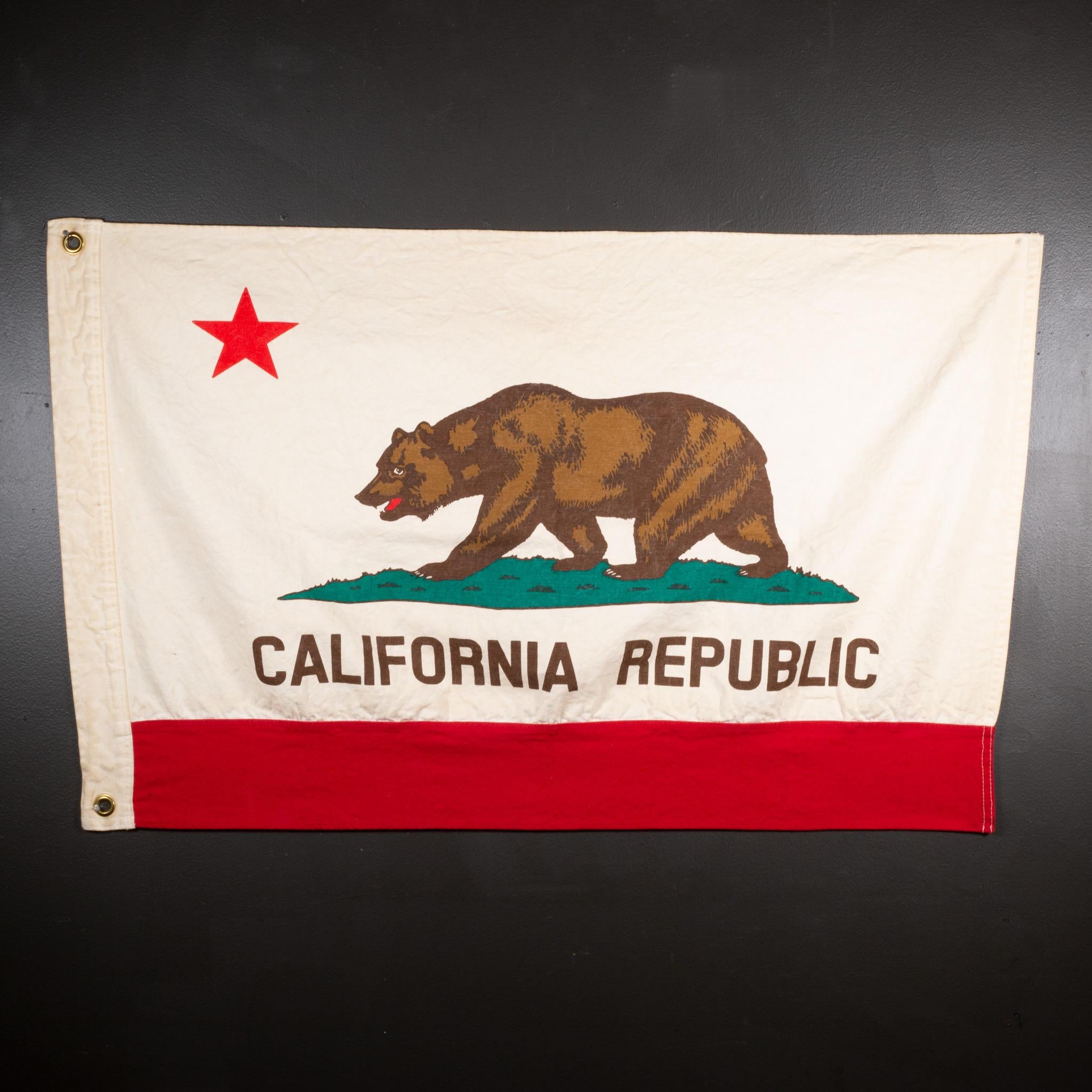 About

An original California Republic state flag with brass grommets to hang it.

 Creator: Unknown.
 Date of manufacture: circa 1960-1980.
 Materials and techniques: Cotton, Brass. 
 Condition: Good. Wear consistent with age and use.
