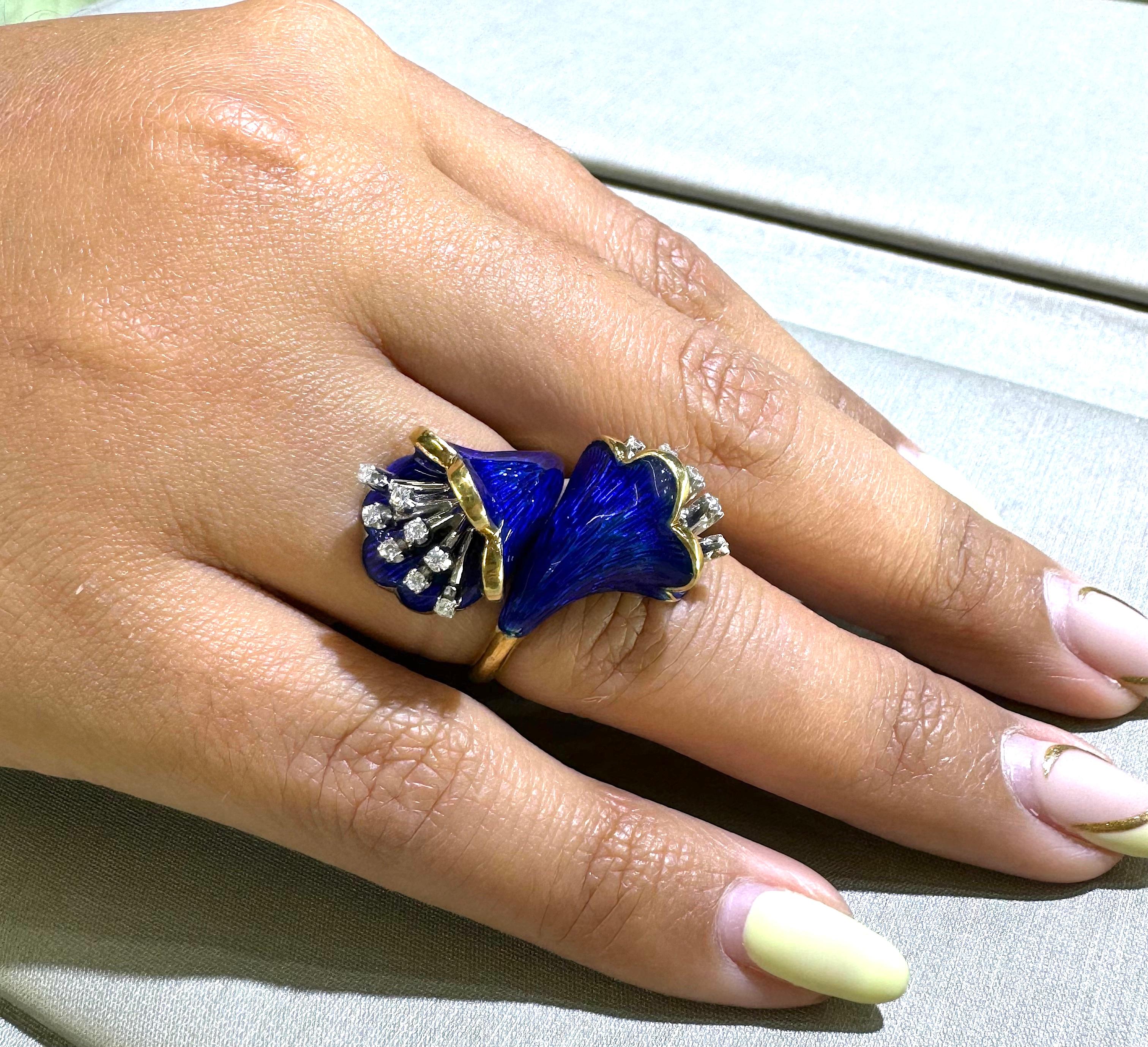 Round Cut Vintage Calla Lillie Floral Diamond & Cobalt Blue Enamel Cocktail Ring