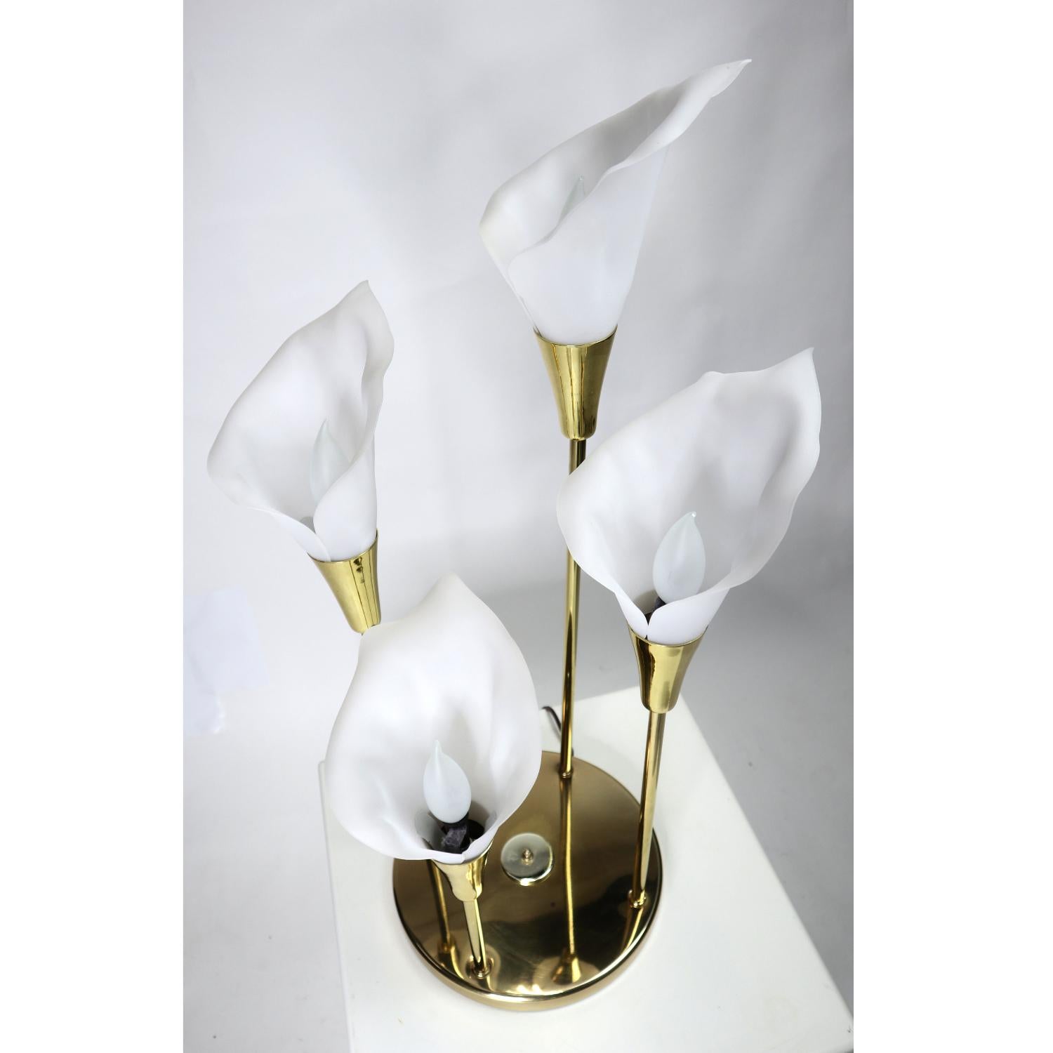 Hollywood Regency Vintage Calla Lily White Floral Lamp with Gleaming Brass Base