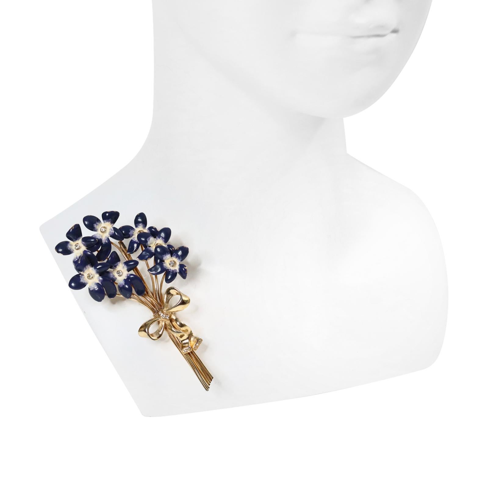 Modern Vintage Calvaire Gold and Diamante Blue Enamel Flower Brooch Circa 1930s For Sale