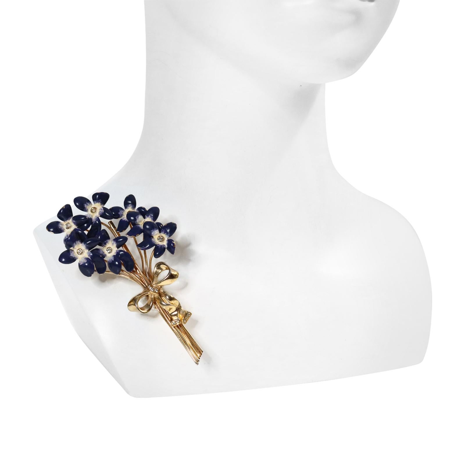 Women's or Men's Vintage Calvaire Gold and Diamante Blue Enamel Flower Brooch Circa 1930s For Sale