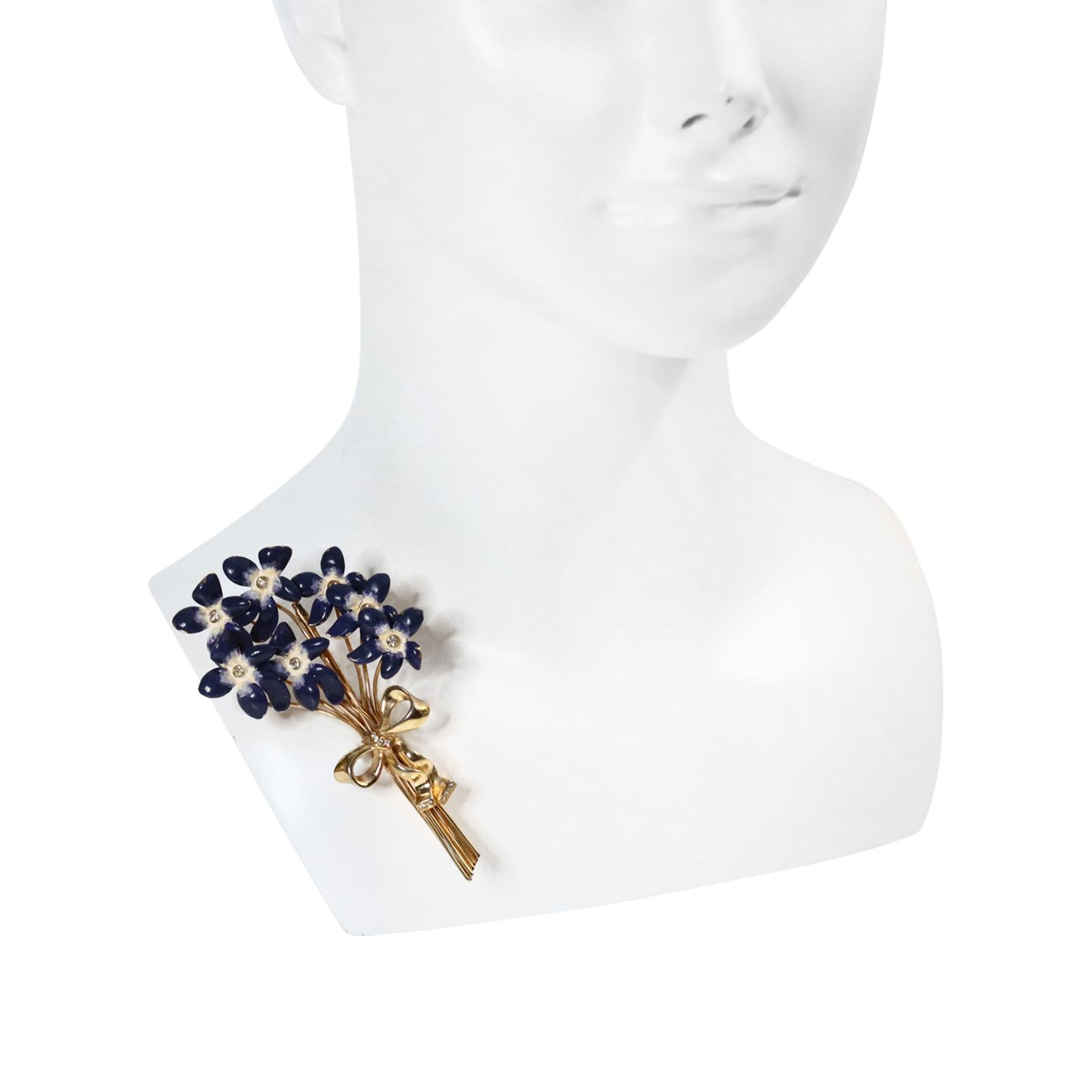 Vintage Calvaire Gold and Diamante Blue Enamel Flower Brooch Circa 1930s For Sale 2