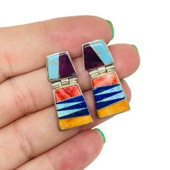 Vintage CALVIN BEGAY signed sterling silver 925 multi gemstone inlay earrings