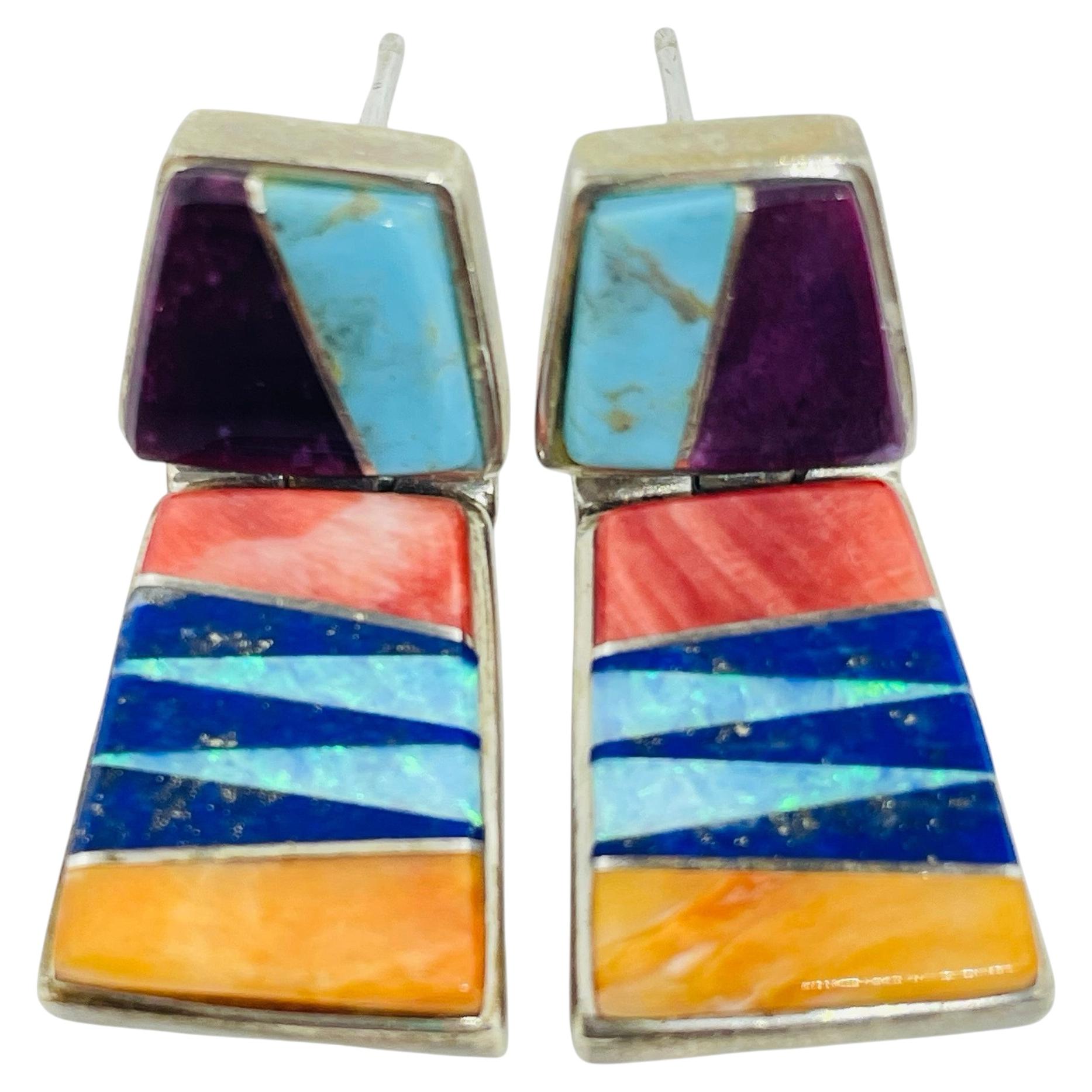 Vintage CALVIN BEGAY signed sterling silver 925 multi gemstone inlay earrings