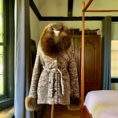 Vintage CALVIN KLEIN 70's BLACK LABEL Hand Knit Cardigan Sweater Belted FOX FUR