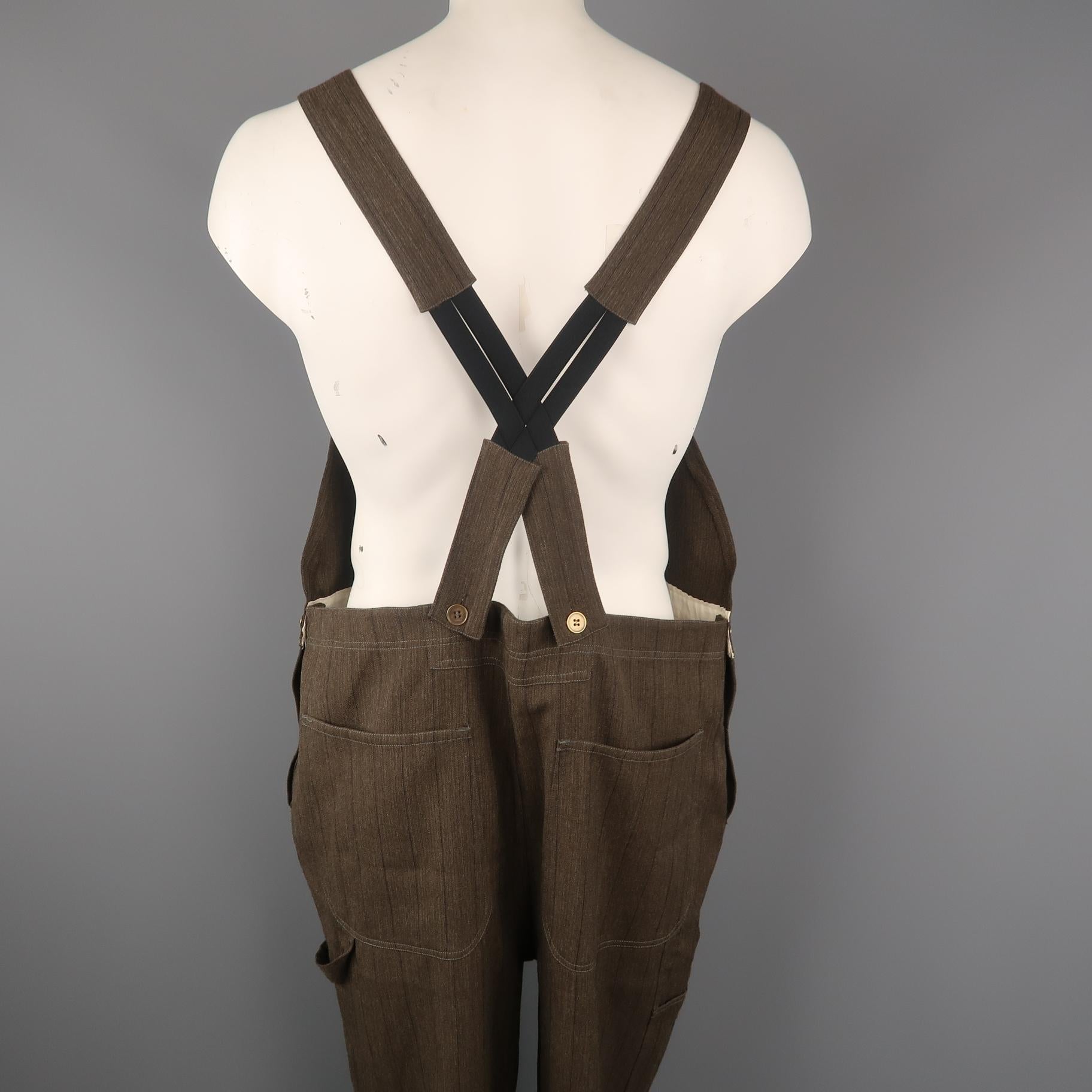 Vintage CALVIN KLEIN COLLECTION Size L Olive Pinstripe Dungaree Overalls 5
