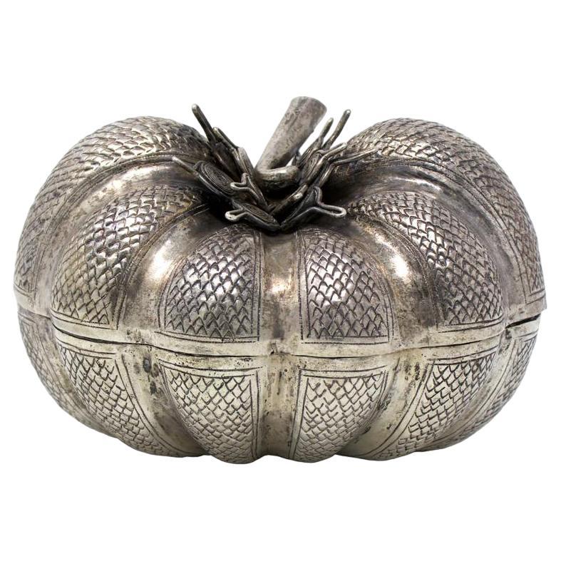 Vintage Cambodian Repoussé Silver Pumpkin Shaped Box For Sale