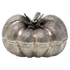 Vintage Cambodian Repoussé Silver Pumpkin Shaped Box