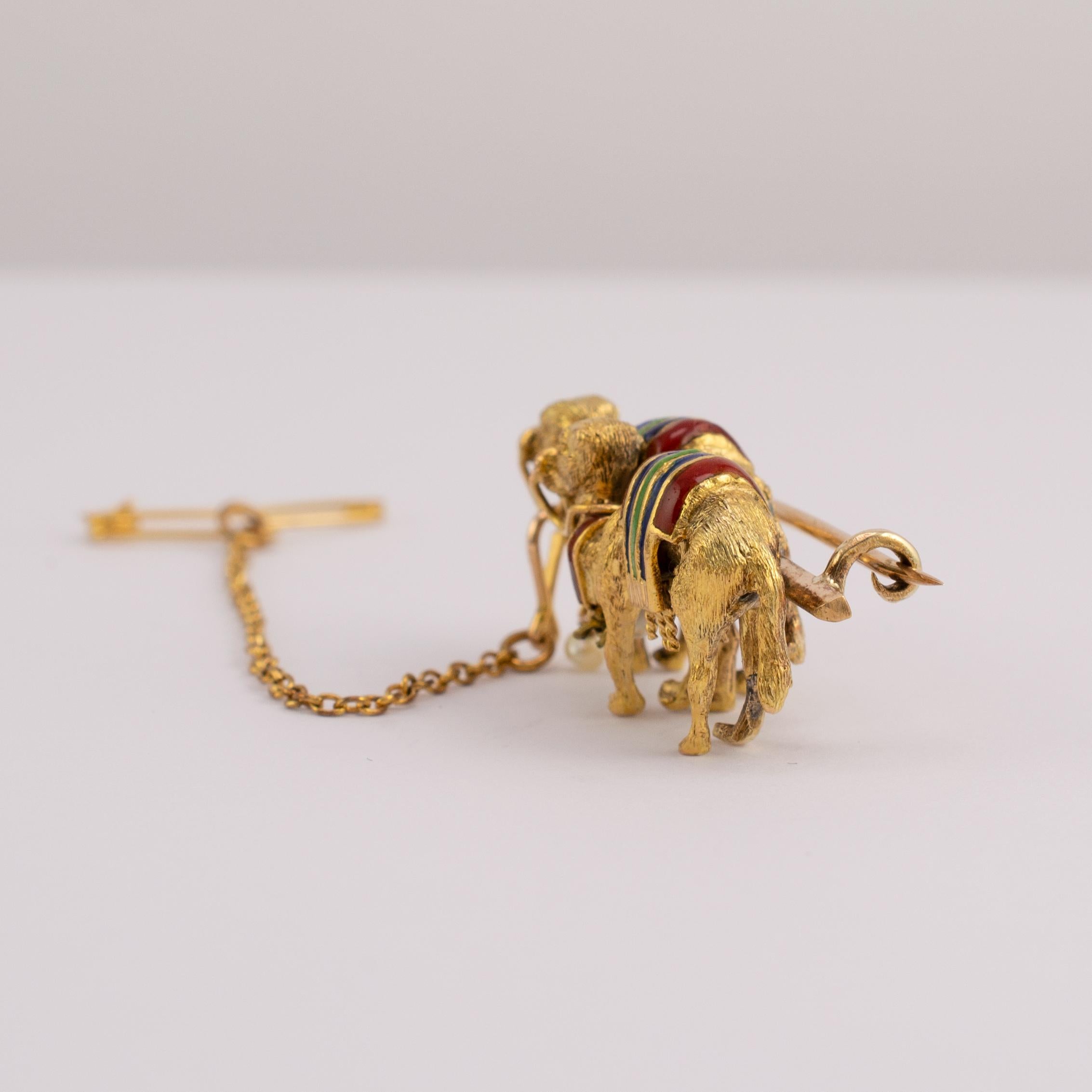 Artisan  18 Karat Gold Camel Brooch With Enamel Pearl, circa 1940s For Sale