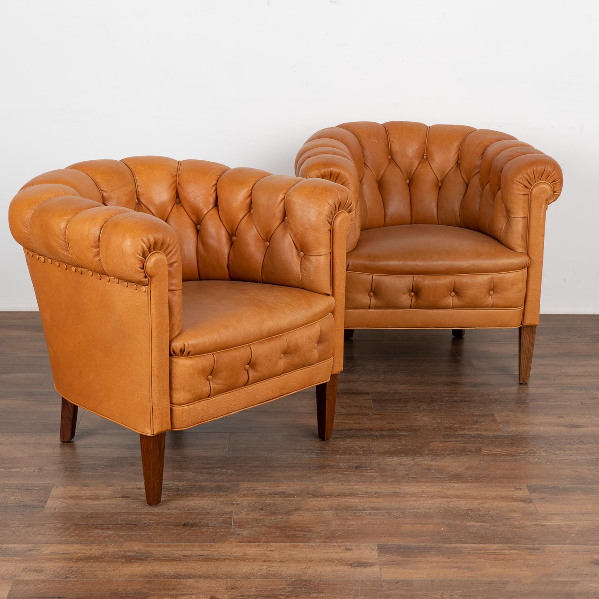 This pair of vintage leather club chairs are welcoming with barrel shaped arms and tufted backs with self covered buttons and piping.
Each chair sits comfortably and snug, with seat height at 17.5