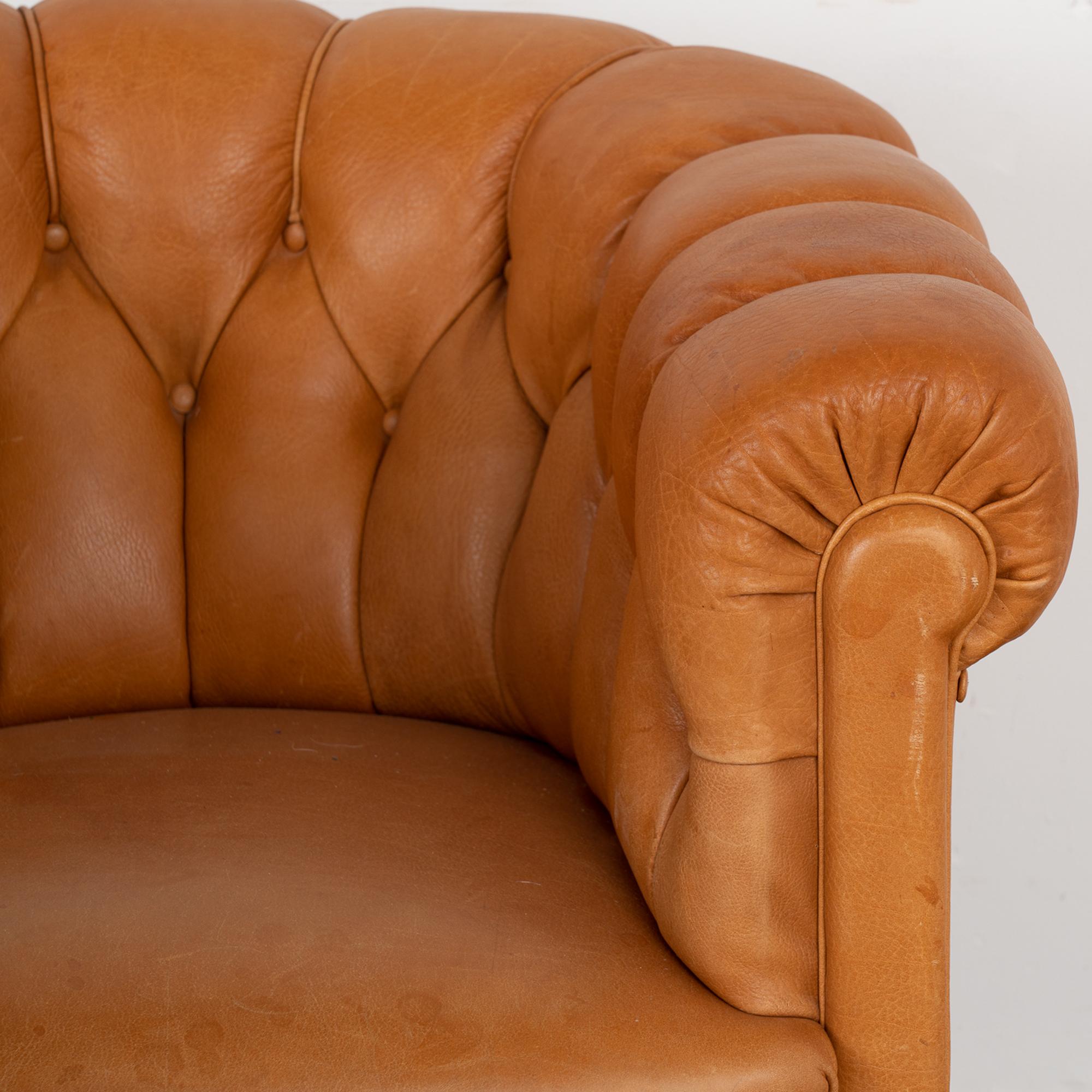 20th Century Vintage Camel Brown Leather Barrel Back Arm Club Chairs, Denmark circa 1940-50