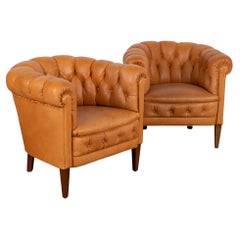 Vintage Camel Brown Leather Barrel Back Arm Club Chairs, Denmark circa 1940-50