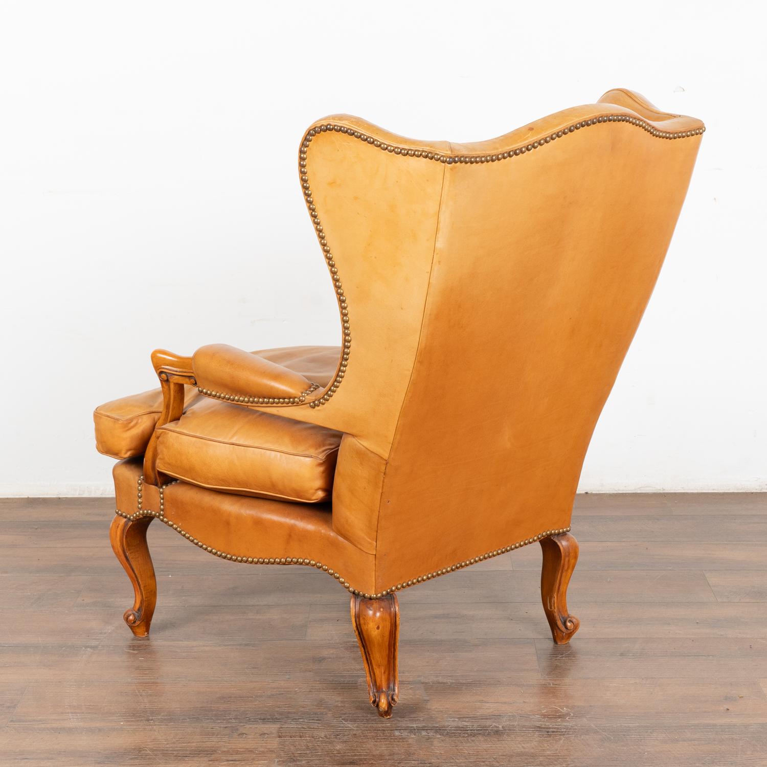 Vintage Camel Colored Leather Wingback Armchair, Denmark circa 1940 For Sale 5