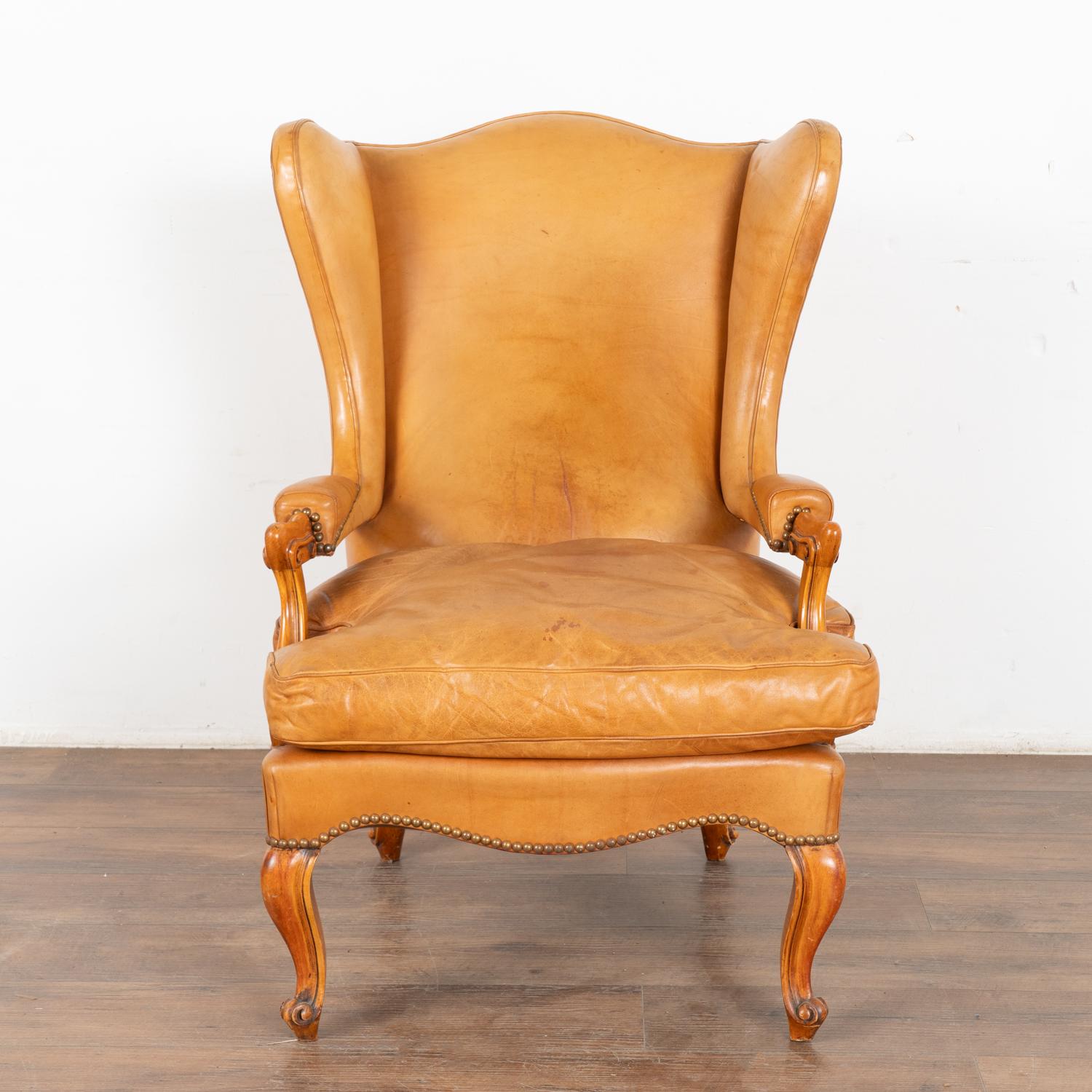 Chesterfield Vintage Camel Colored Leather Wingback Armchair, Denmark circa 1940 For Sale