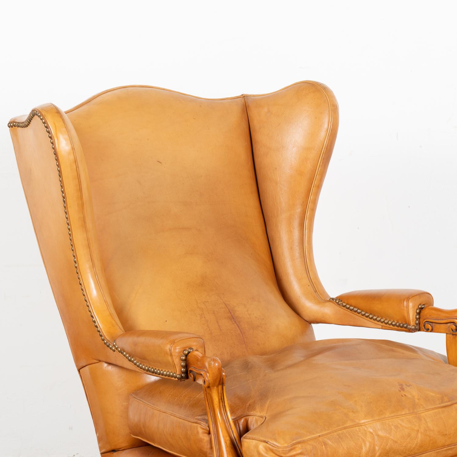 Danish Vintage Camel Colored Leather Wingback Armchair, Denmark circa 1940 For Sale