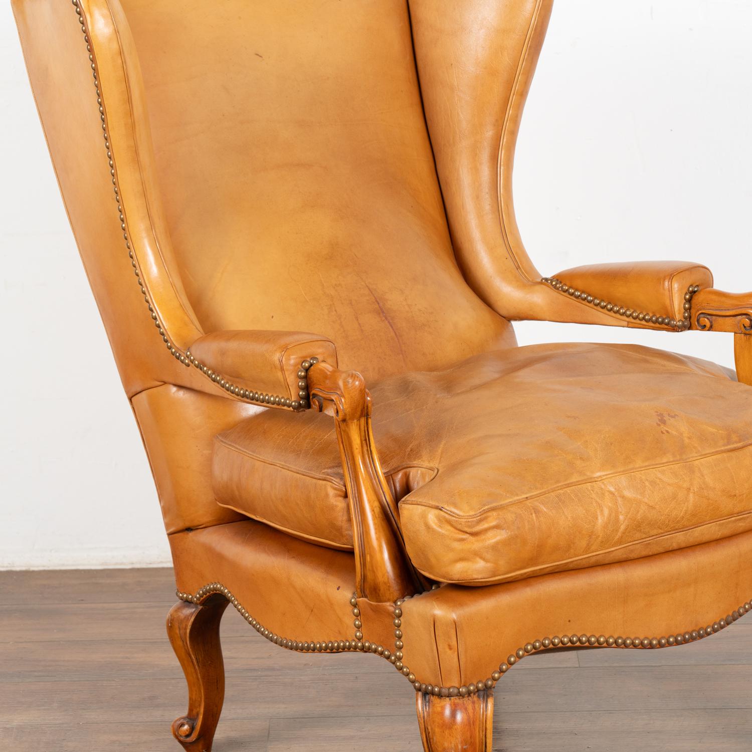 Vintage Camel Colored Leather Wingback Armchair, Denmark circa 1940 In Good Condition For Sale In Round Top, TX