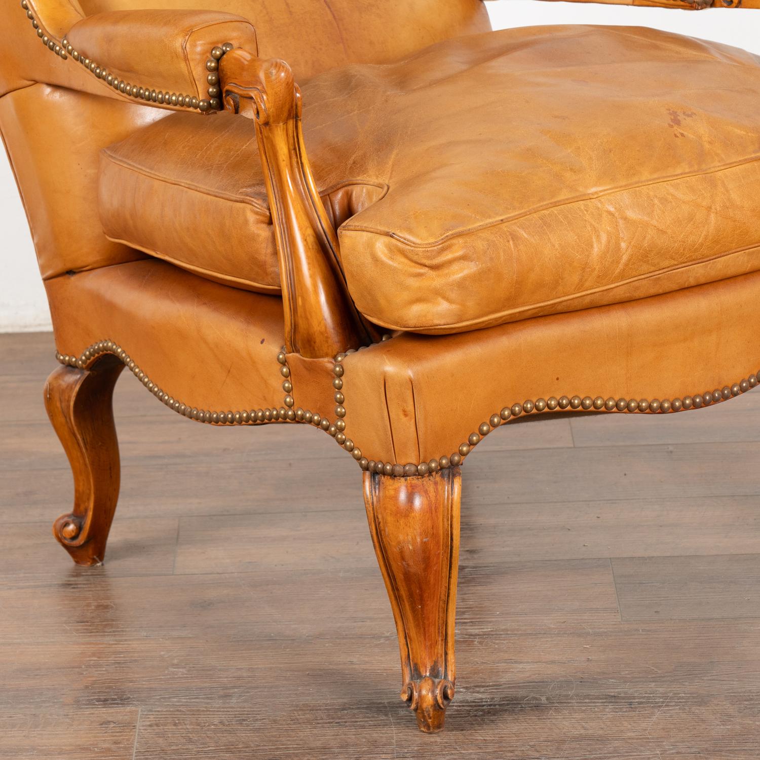 20th Century Vintage Camel Colored Leather Wingback Armchair, Denmark circa 1940 For Sale