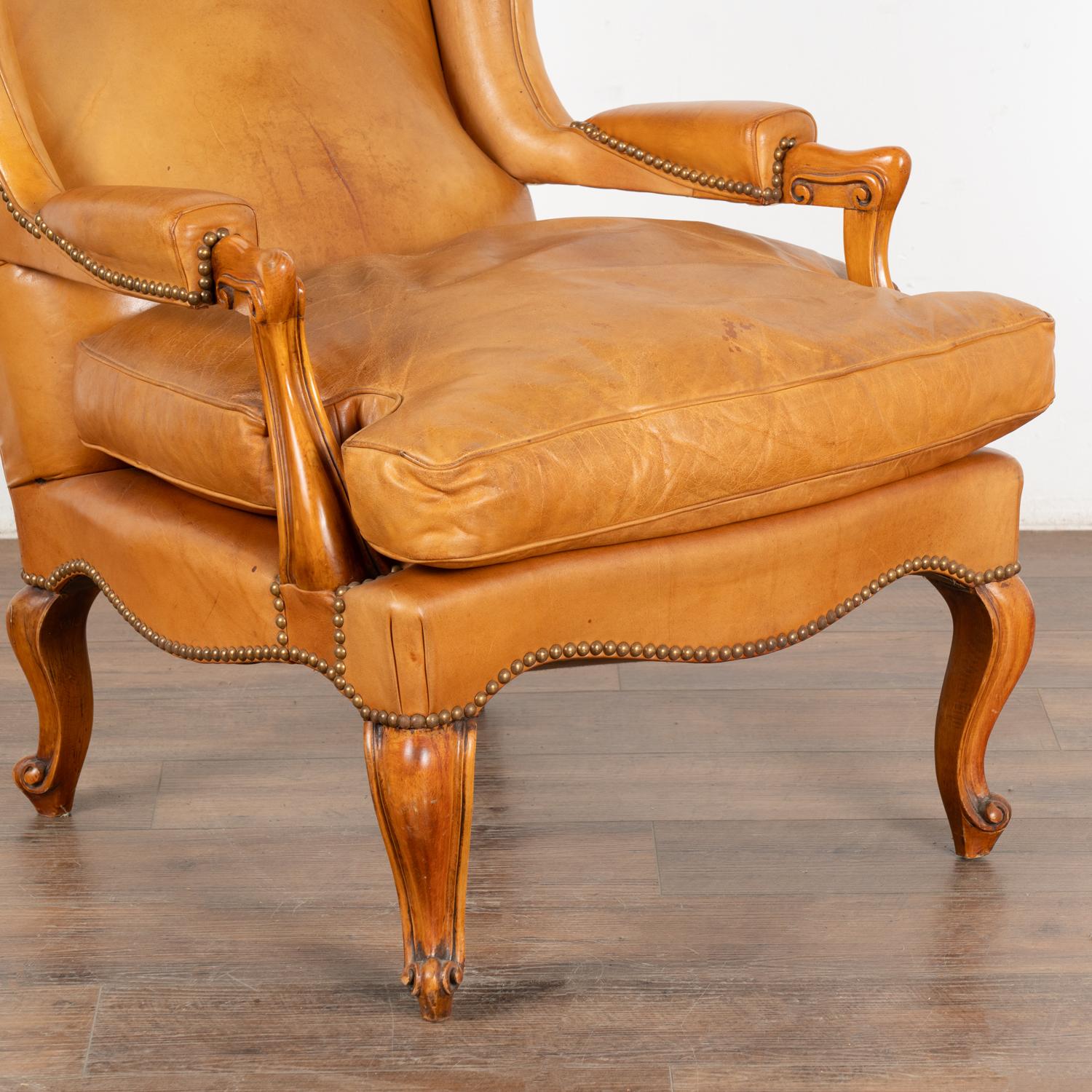 Vintage Camel Colored Leather Wingback Armchair, Denmark circa 1940 For Sale 1