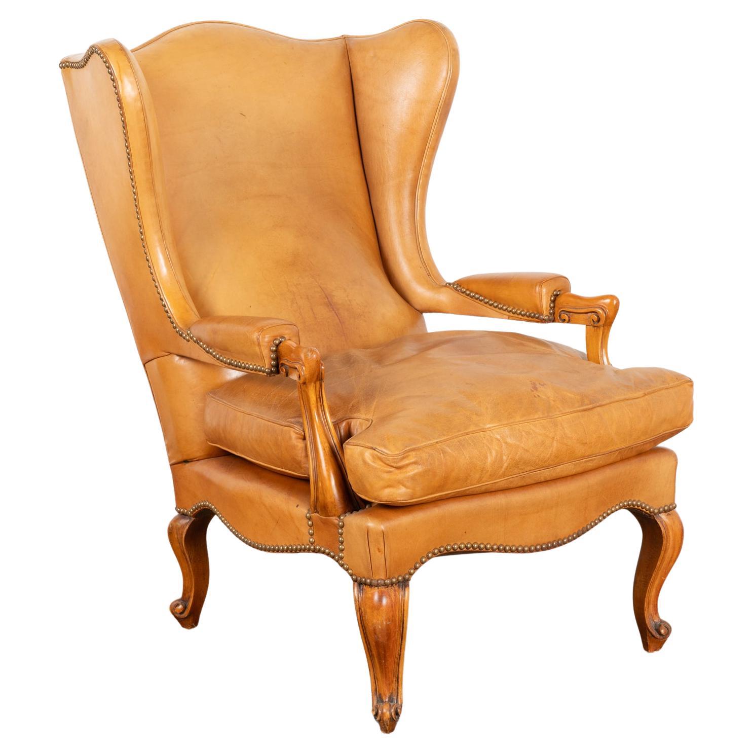 Vintage Camel Colored Leather Wingback Armchair, Denmark circa 1940 For Sale