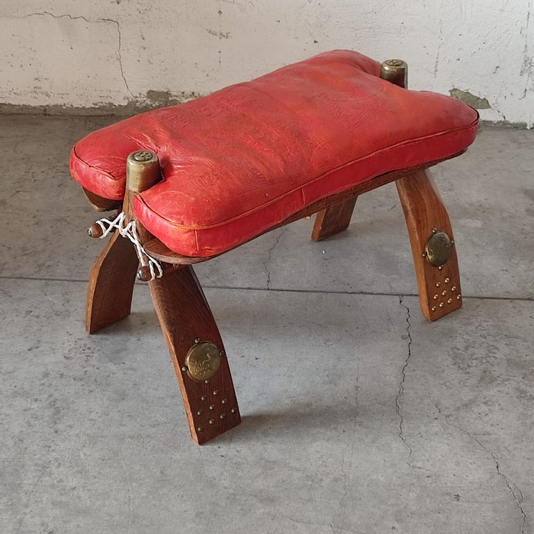 Vintage Leather Camel Saddle Ottoman Stool Footstool With Leather Cushion