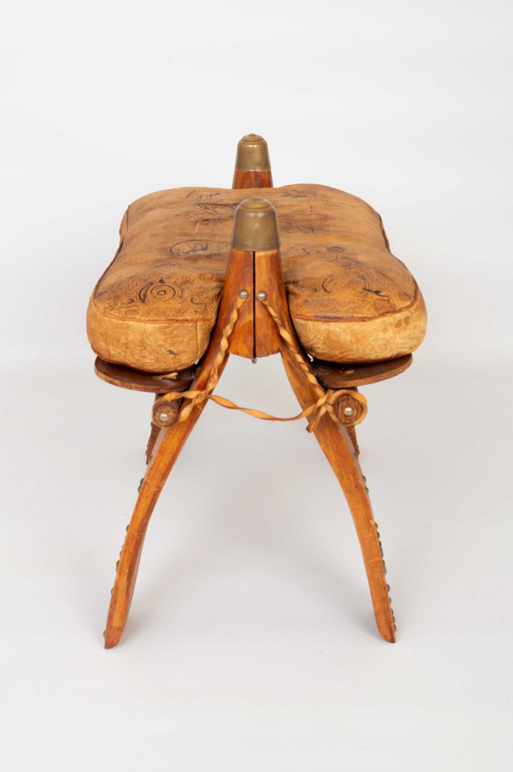 Vintage Camel Leather Saddle Stool Ottoman, Morocco c.1960 In Good Condition In London, GB